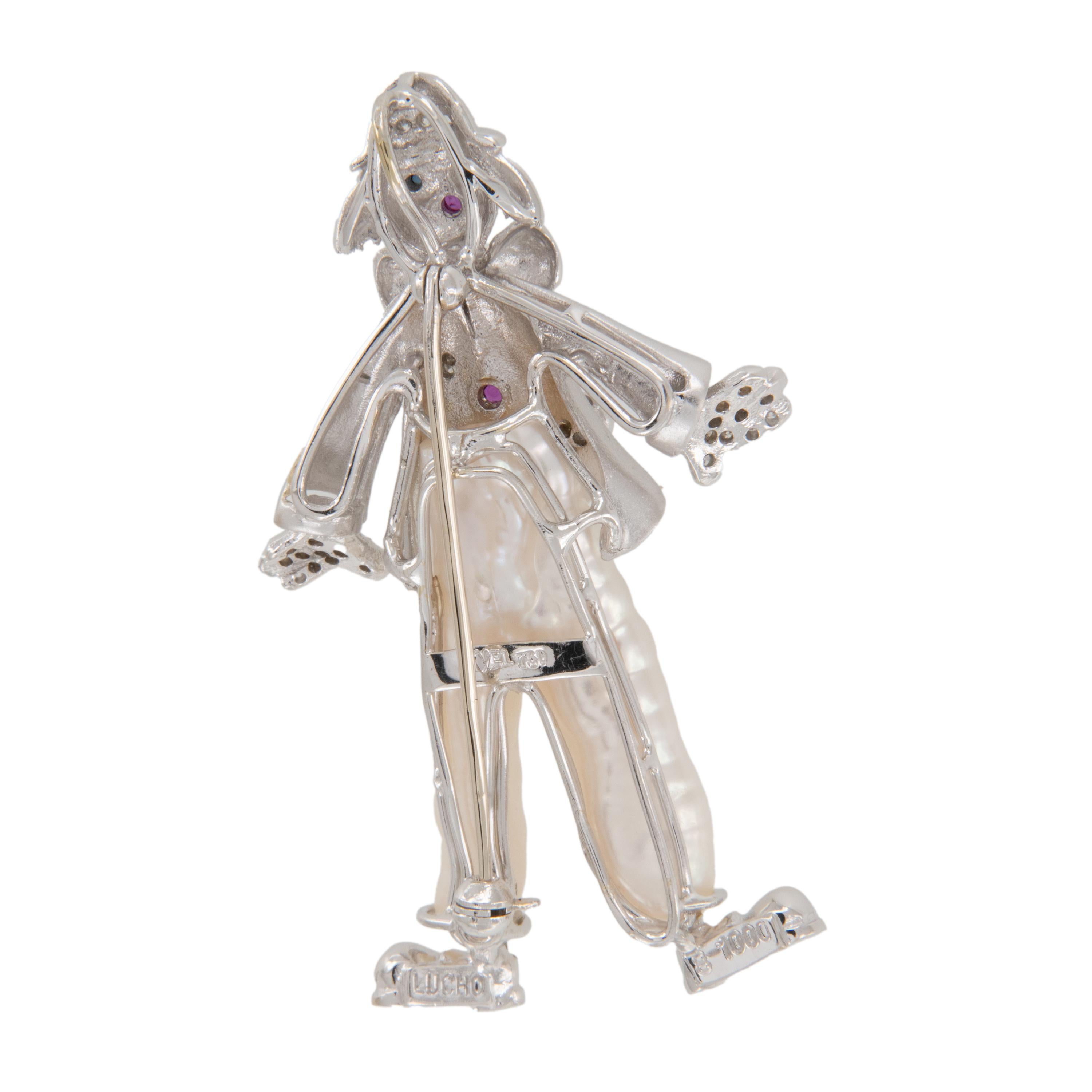 Yvel Payaso de Oro Blanco de 18 Kilates con Diamantes, Zafiros, Rubíes y Perla Corte redondo en venta