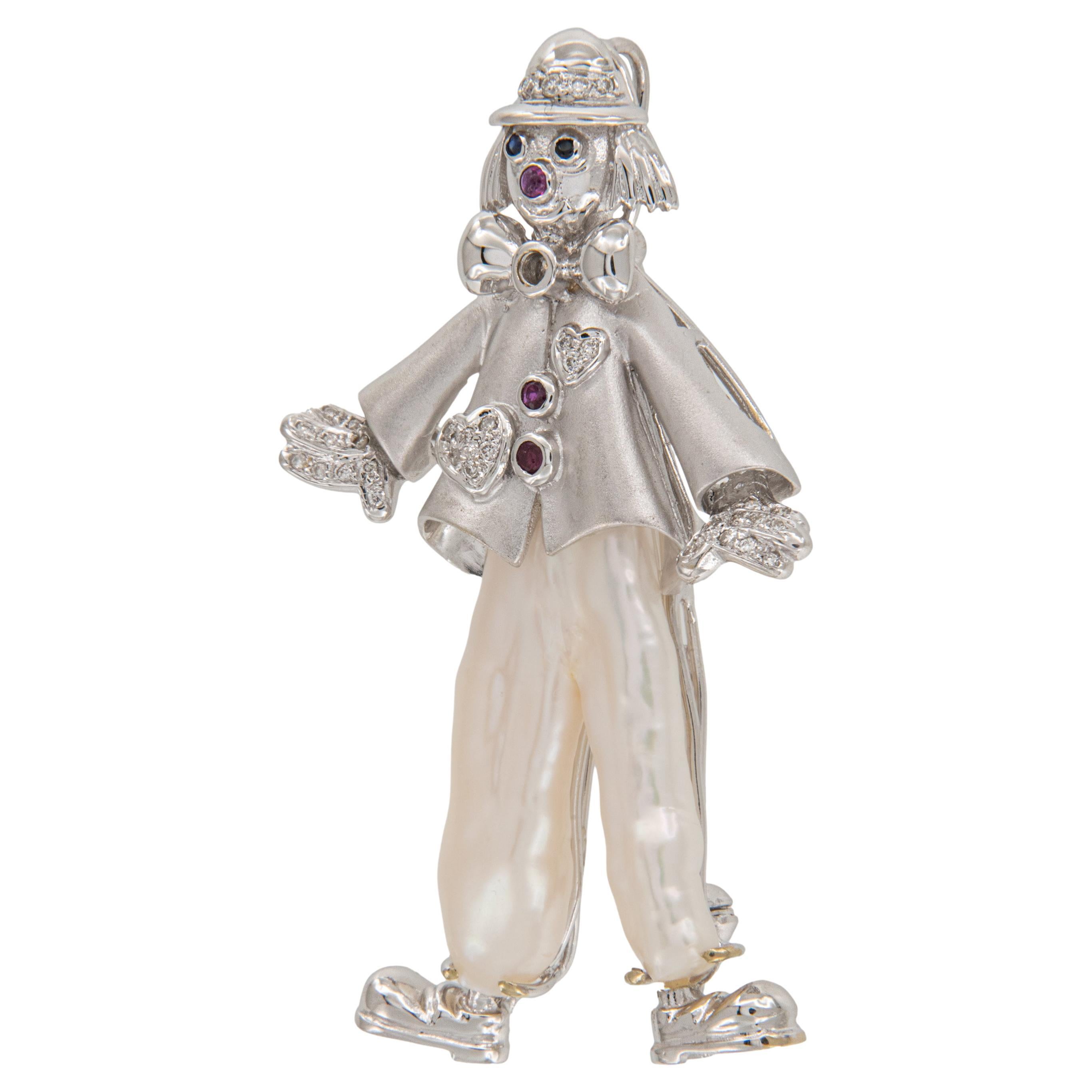 Yvel 18 Karat White Gold Clown with Diamonds, Sapphires, Rubies and Pearl