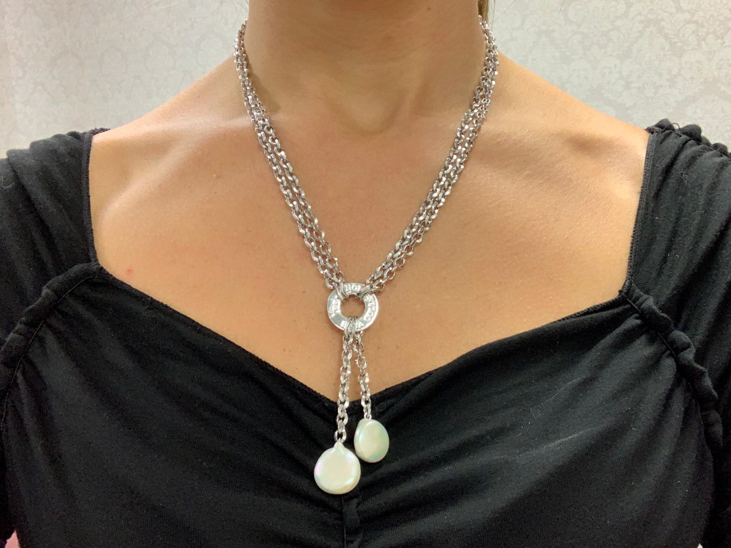 Women's Yvel 18 Karat White Gold Double Chain and Pearl Lariat Necklace For Sale