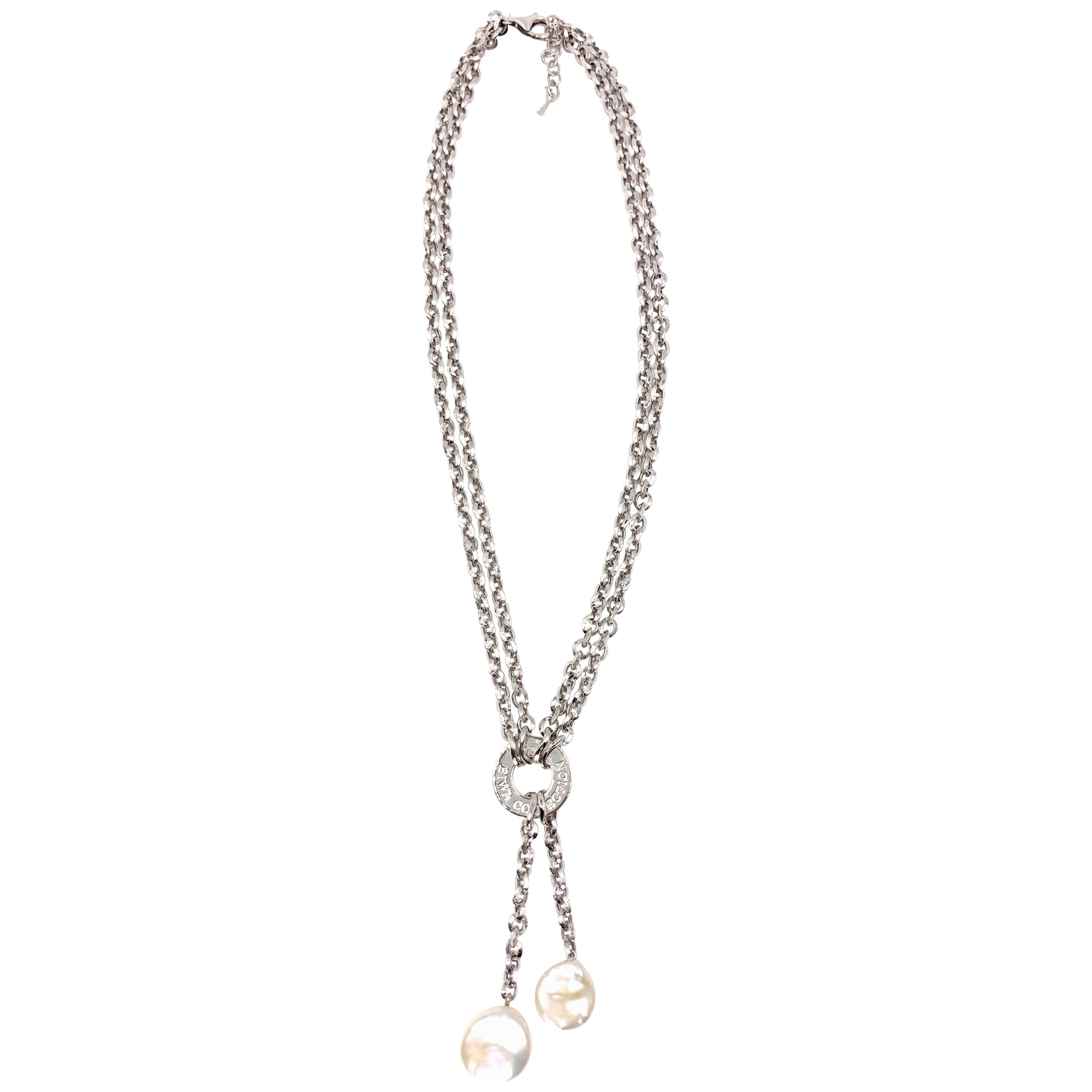 Yvel 18 Karat White Gold Double Chain and Pearl Lariat Necklace For Sale