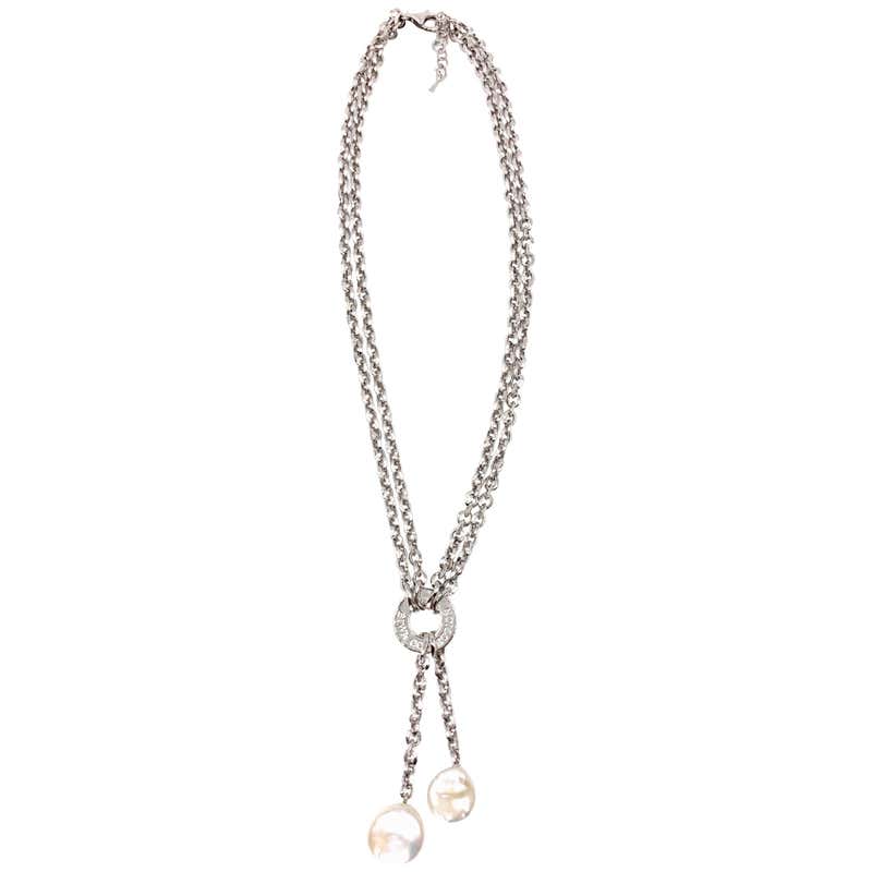 Yvel 18 Karat White Gold Double Chain and Pearl Lariat Necklace For ...