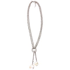 Yvel 18 Karat White Gold Double Chain and Pearl Lariat Necklace