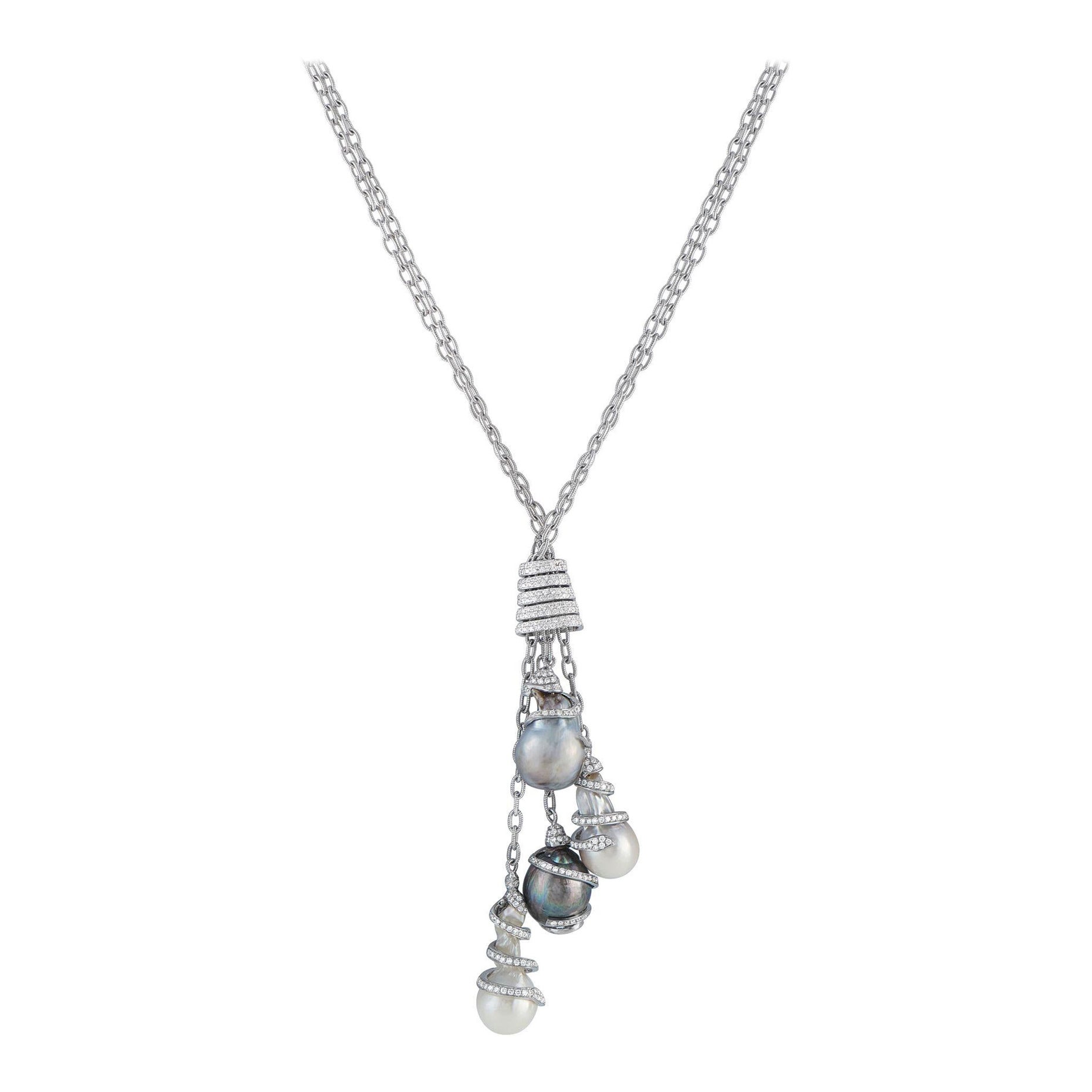 Yvel 18K Weißgold 6,22ct Diamant & Barock Perlen Lariat Halskette  YV16-072325 im Angebot