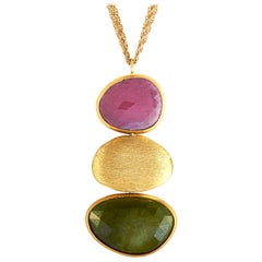 Yvel 18 Karat Yellow Gold and Gemstone Dangle Pendant Chain Necklace