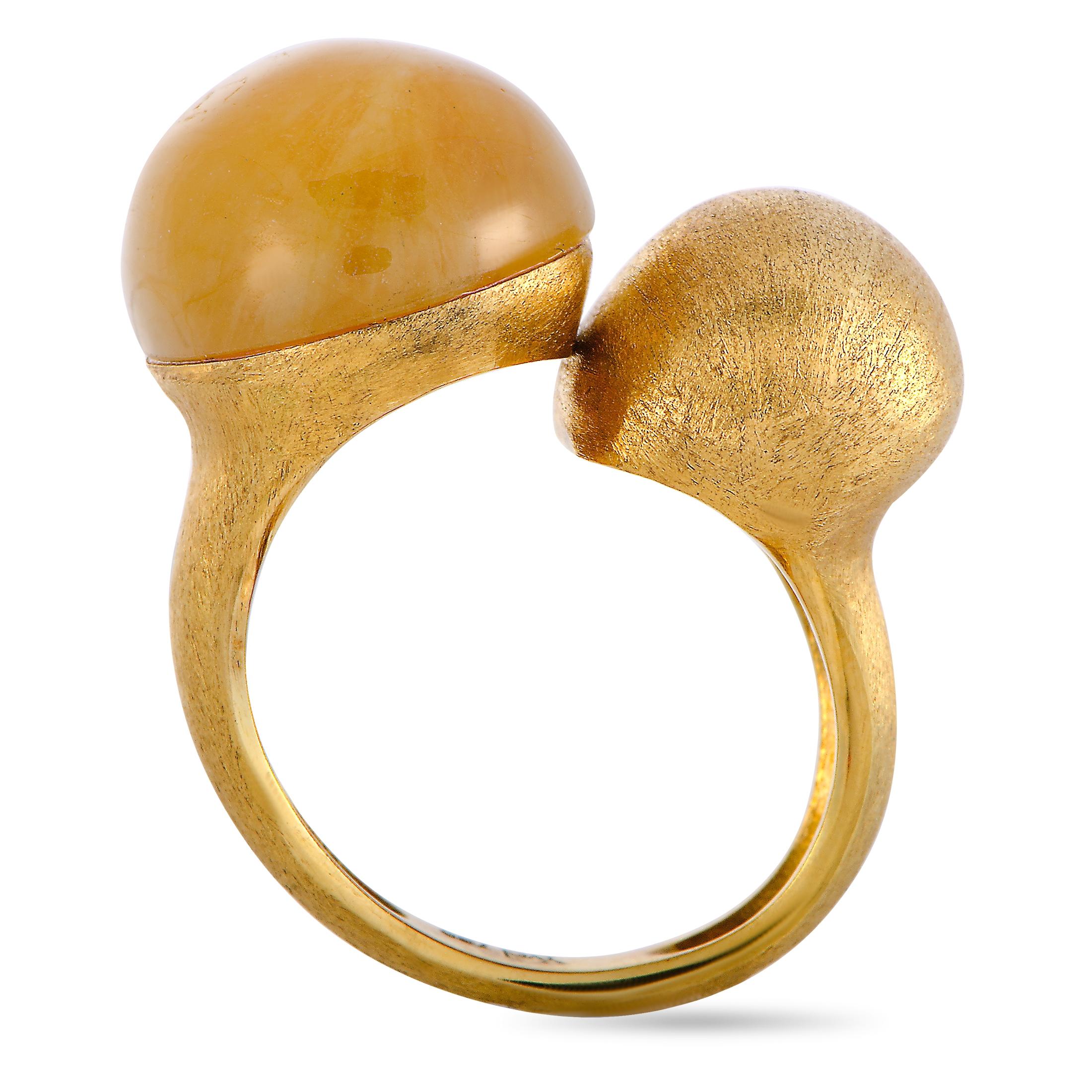 This ring by Yvel is crafted from 18K yellow gold and set with a gemstone. The ring weighs 16 grams, boasting band thickness of 4 mm and top height of 11 mm, while top dimensions measure 17 by 25 mm.
 
 Offered in brand new condition, this item