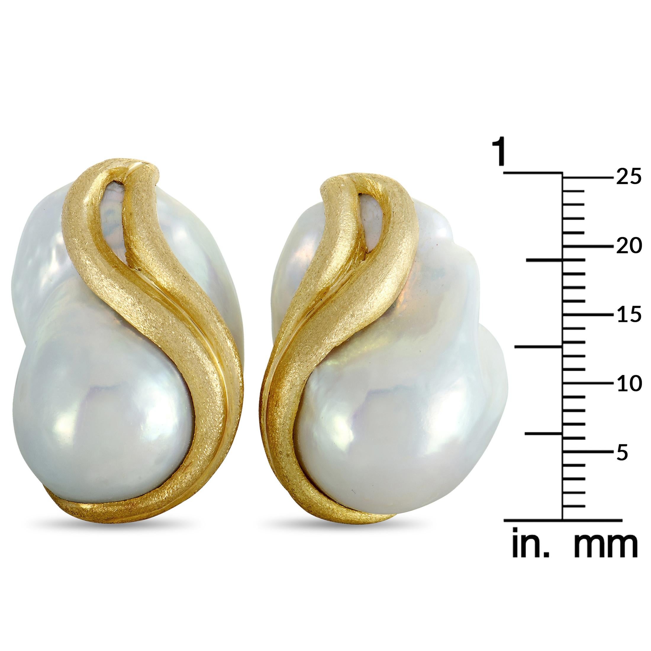 This pair of earrings by Yvel is made of 18K yellow gold and set with pearls. Each of the two earrings weighs 14.7 grams and they measure 1” in length and 0.70” in width.
 
 The earrings are offered in brand new condition and include the