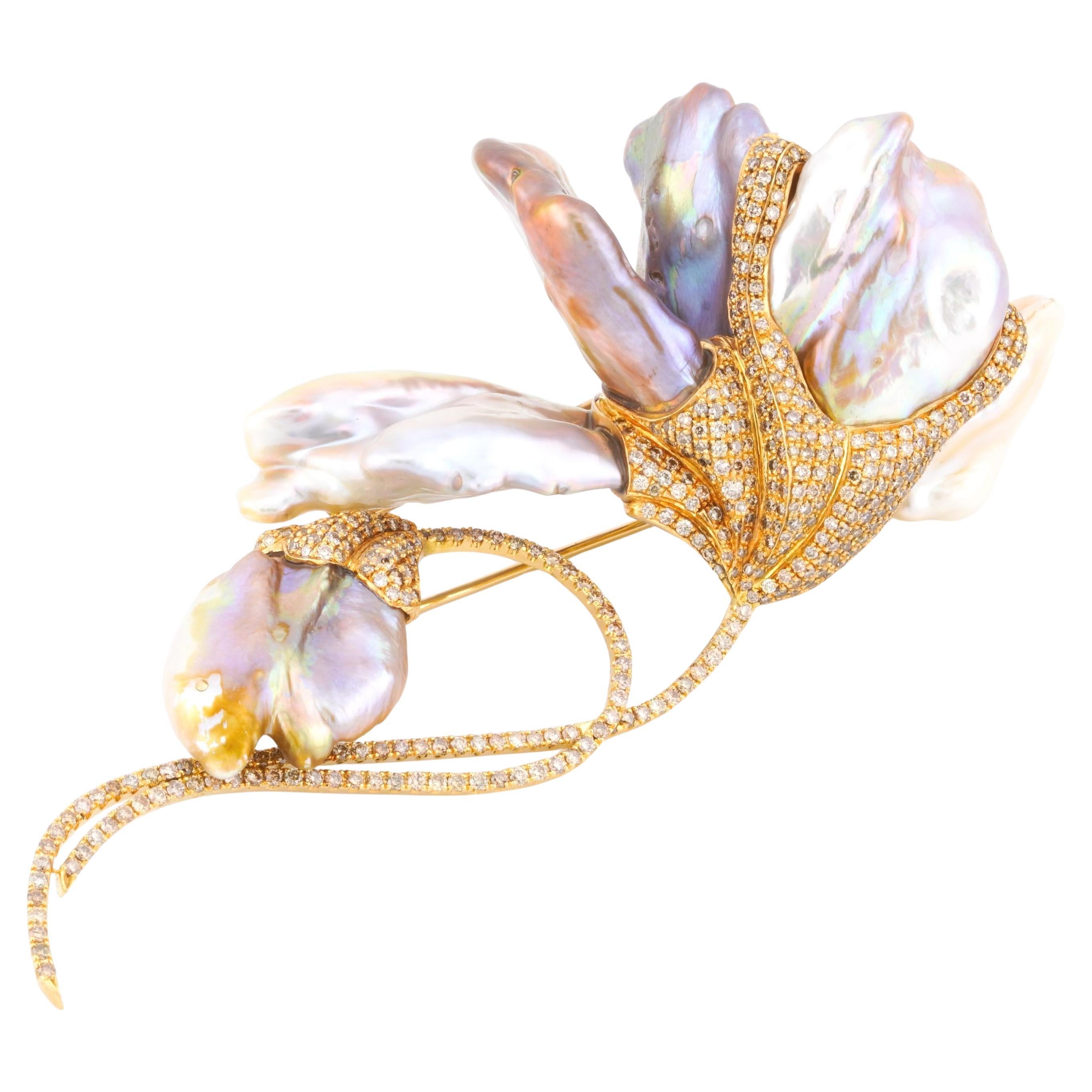 Yvel 18k Gelbgold Barock Perle Amethyst Diamant Blume Brosche