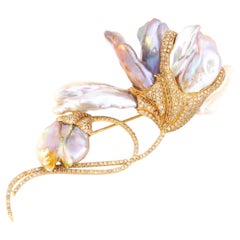 Yvel 18k Gelbgold Barock Perle Amethyst Diamant Blume Brosche