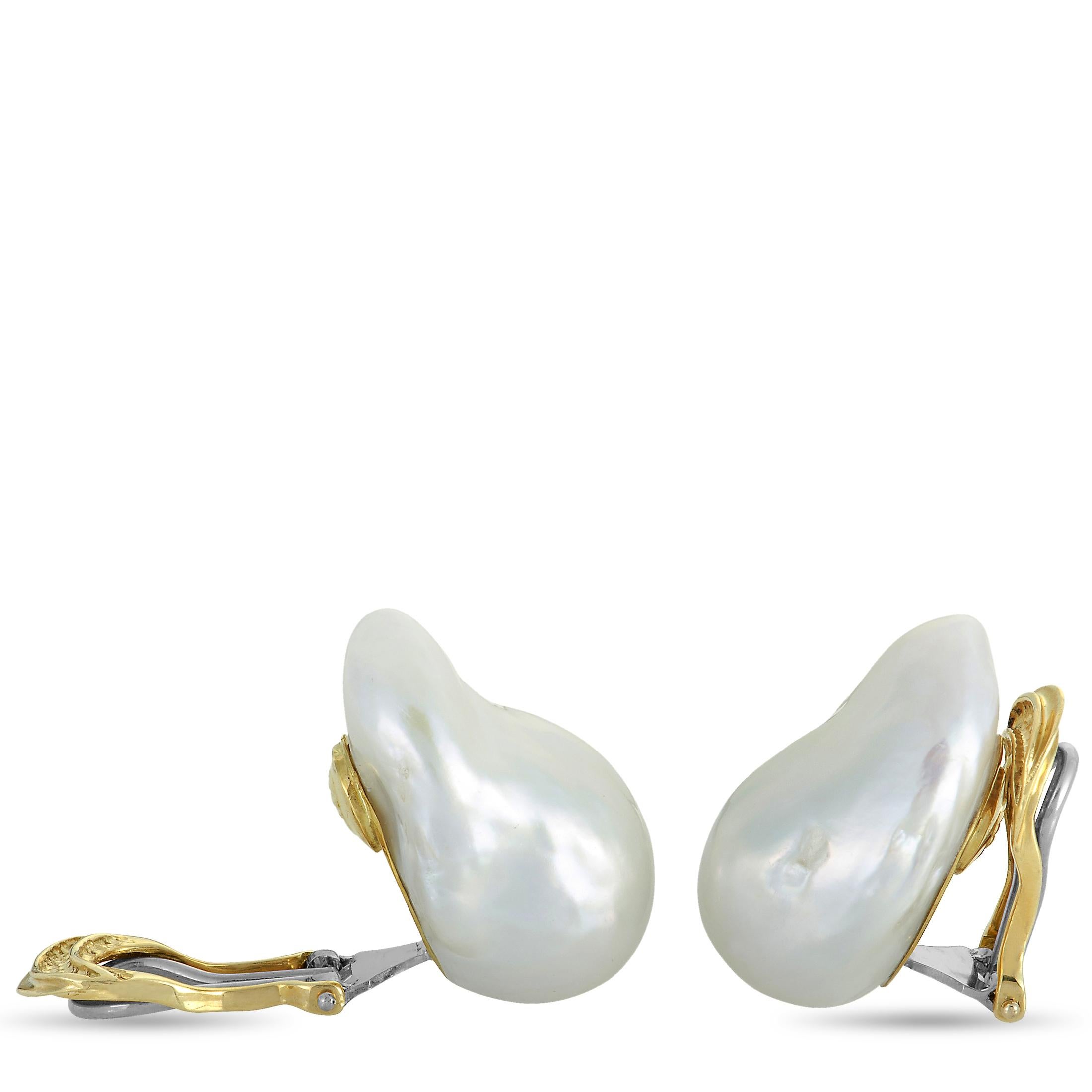 This pair of earrings by Yvel is made of 18K yellow gold and set with pearls. Each of the two earrings weighs 13.25 grams and they measure 1” in length and 0.70” in width.
 
 The earrings are offered in brand new condition and include the