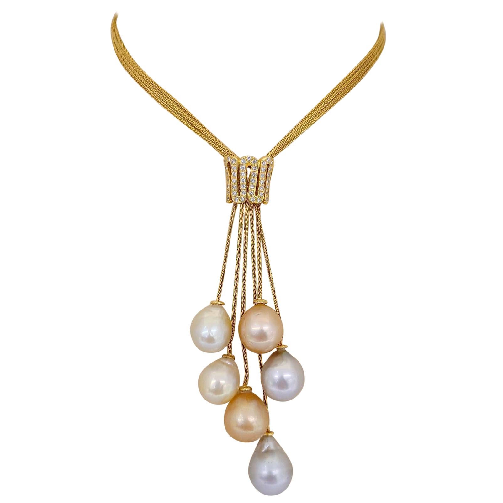 Yvel 18 Karat Yellow Gold Necklace with South Sea Pearls and .50 Carat Diamonds For Sale