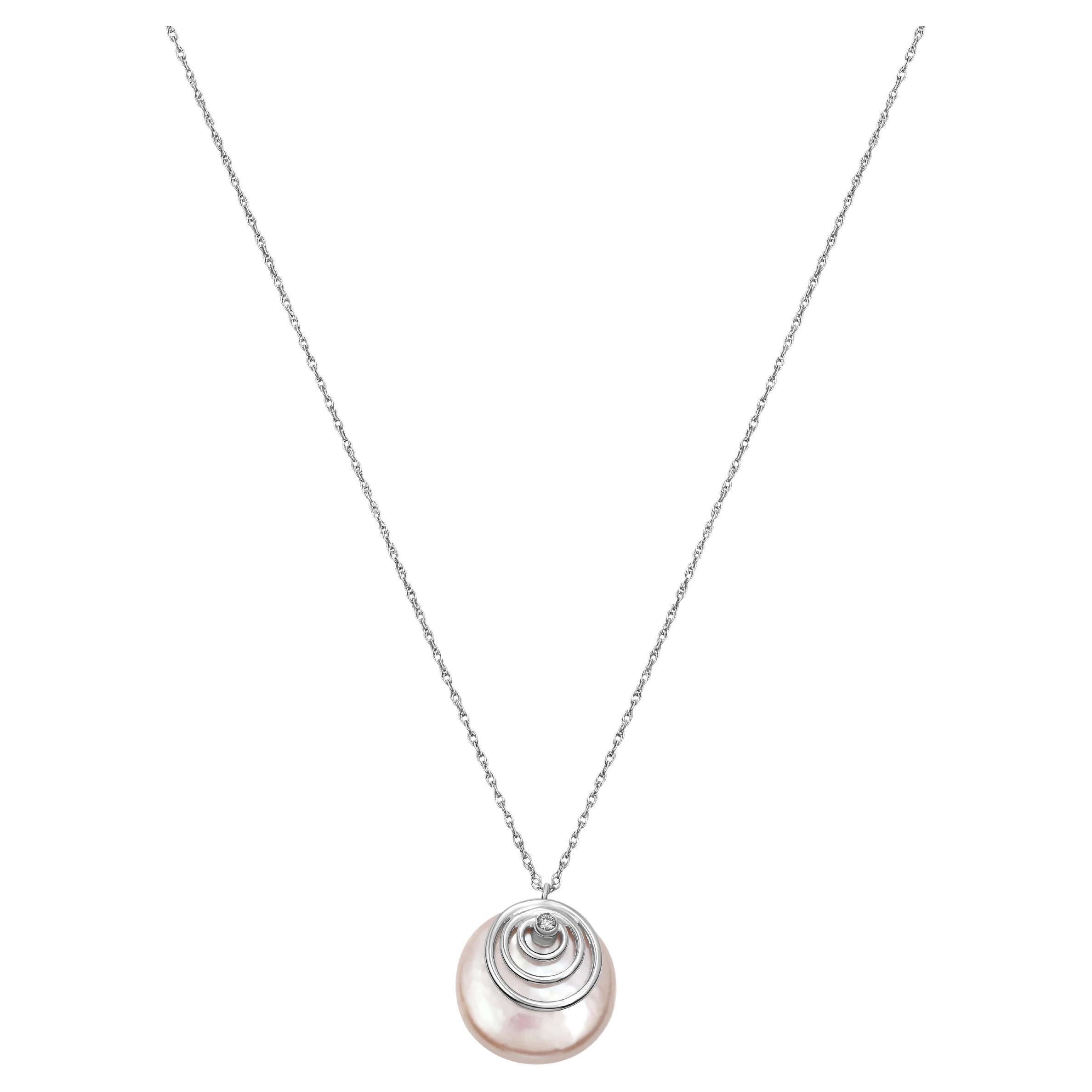 Yvel Biwa Flat Freshwater Coin Pearl Diamond Necklace in 18K White Gold