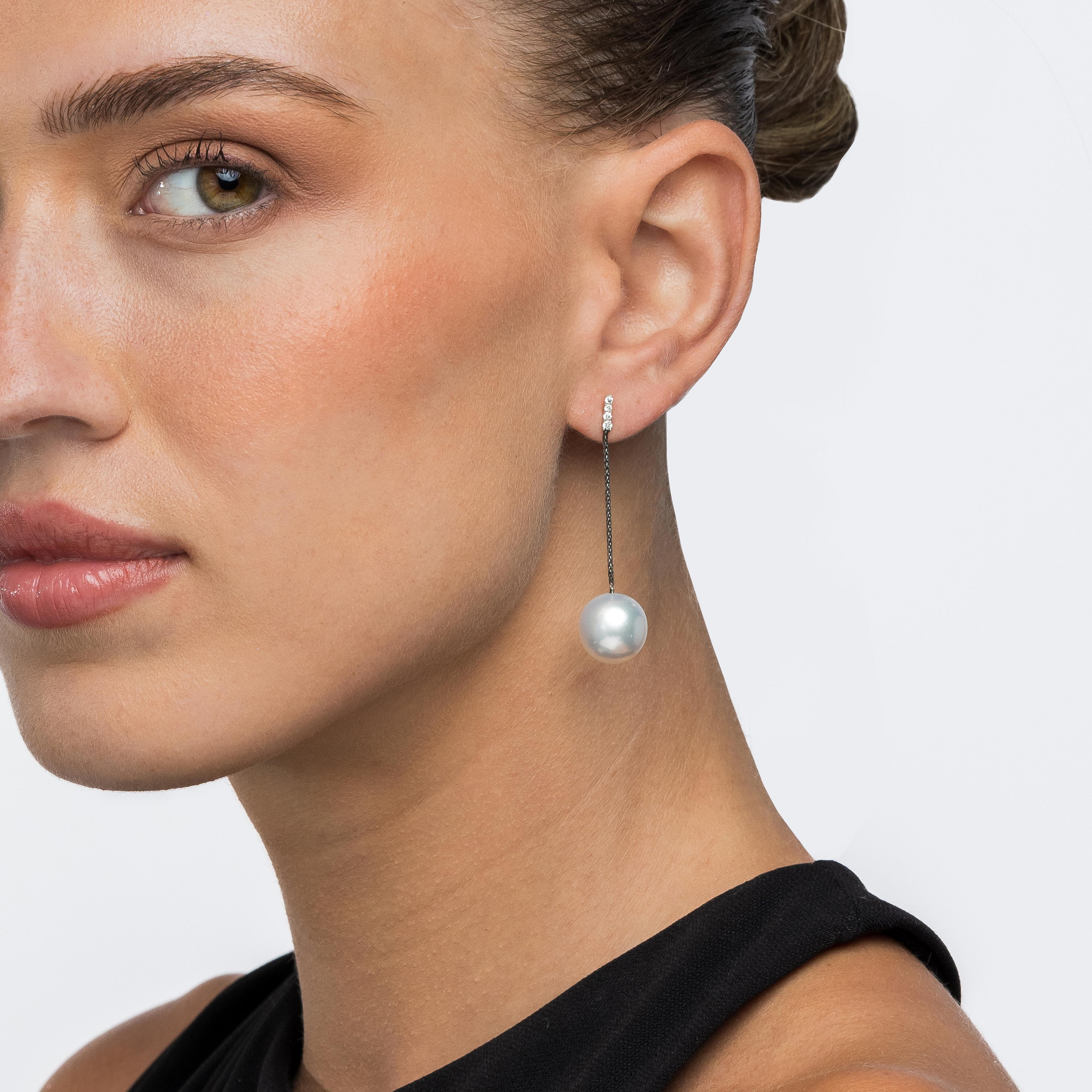 Round Cut Yvel Black & White South Sea Pearl Drop Earrings in 18K Black Gold For Sale
