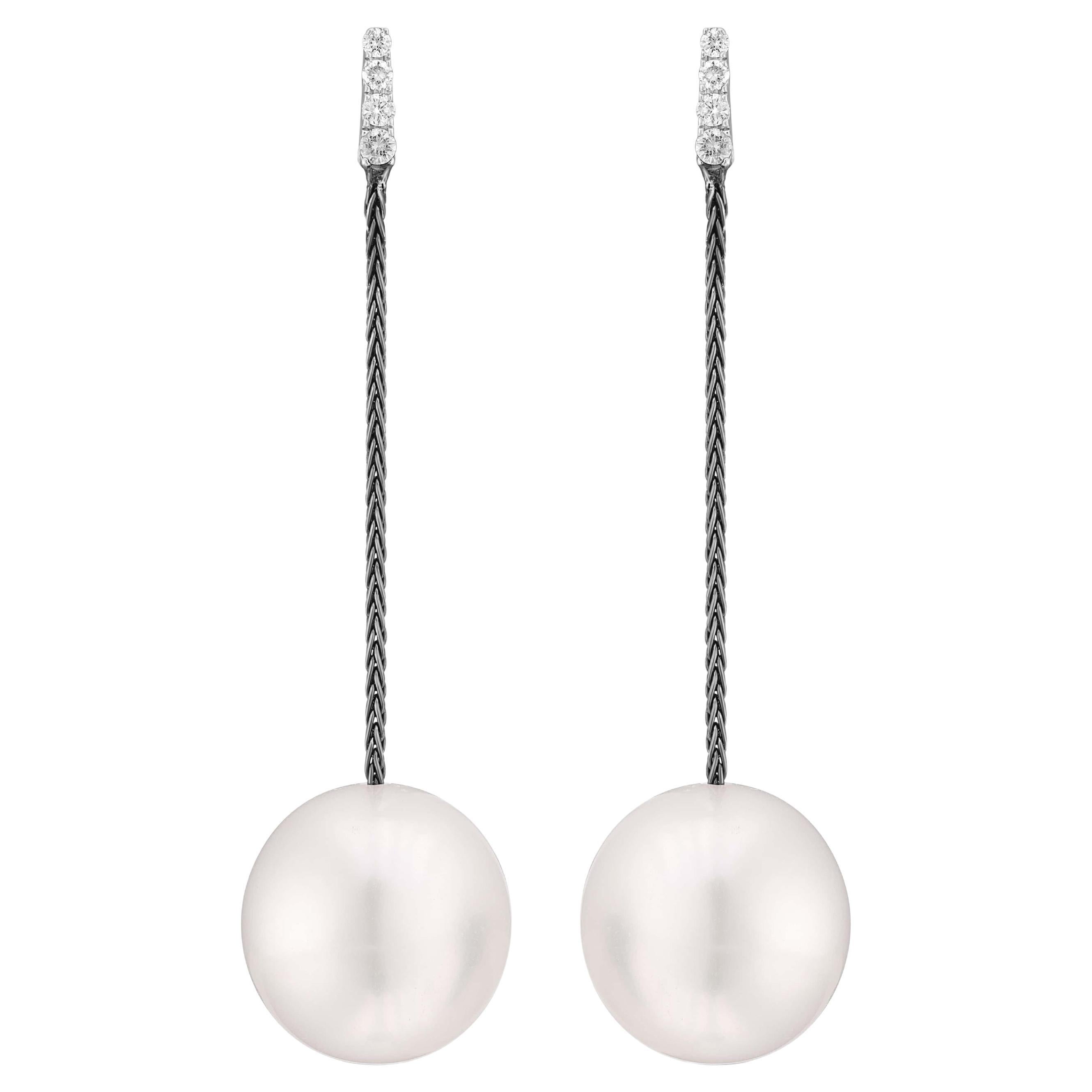 Yvel Black & White South Sea Pearl Drop Earrings in 18K Black Gold For Sale