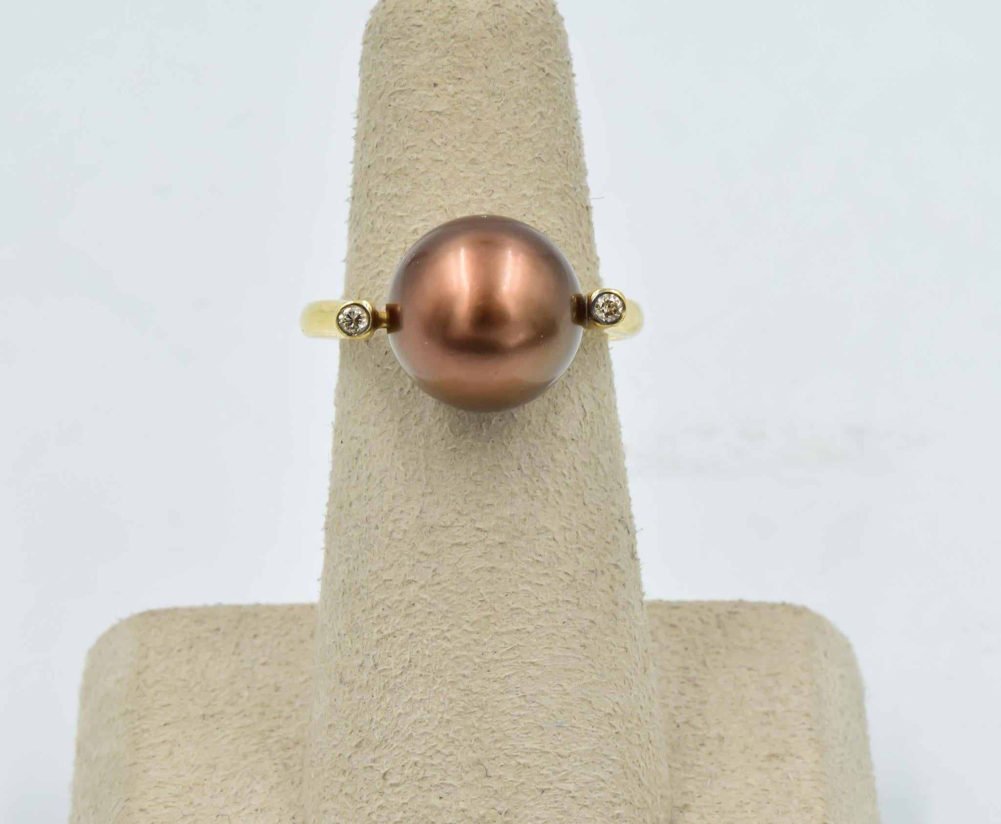 Yvel Chocolate Pearl Ring 18 Karat Yellow Gold Small Diamond Accent 1