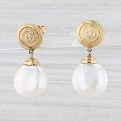 Yvel Cultured Pearl Coin Diamond Dangle Earrings 18k Yellow Gold Pierced Drops (boucles d'oreilles pendantes avec perles de culture et diamants)