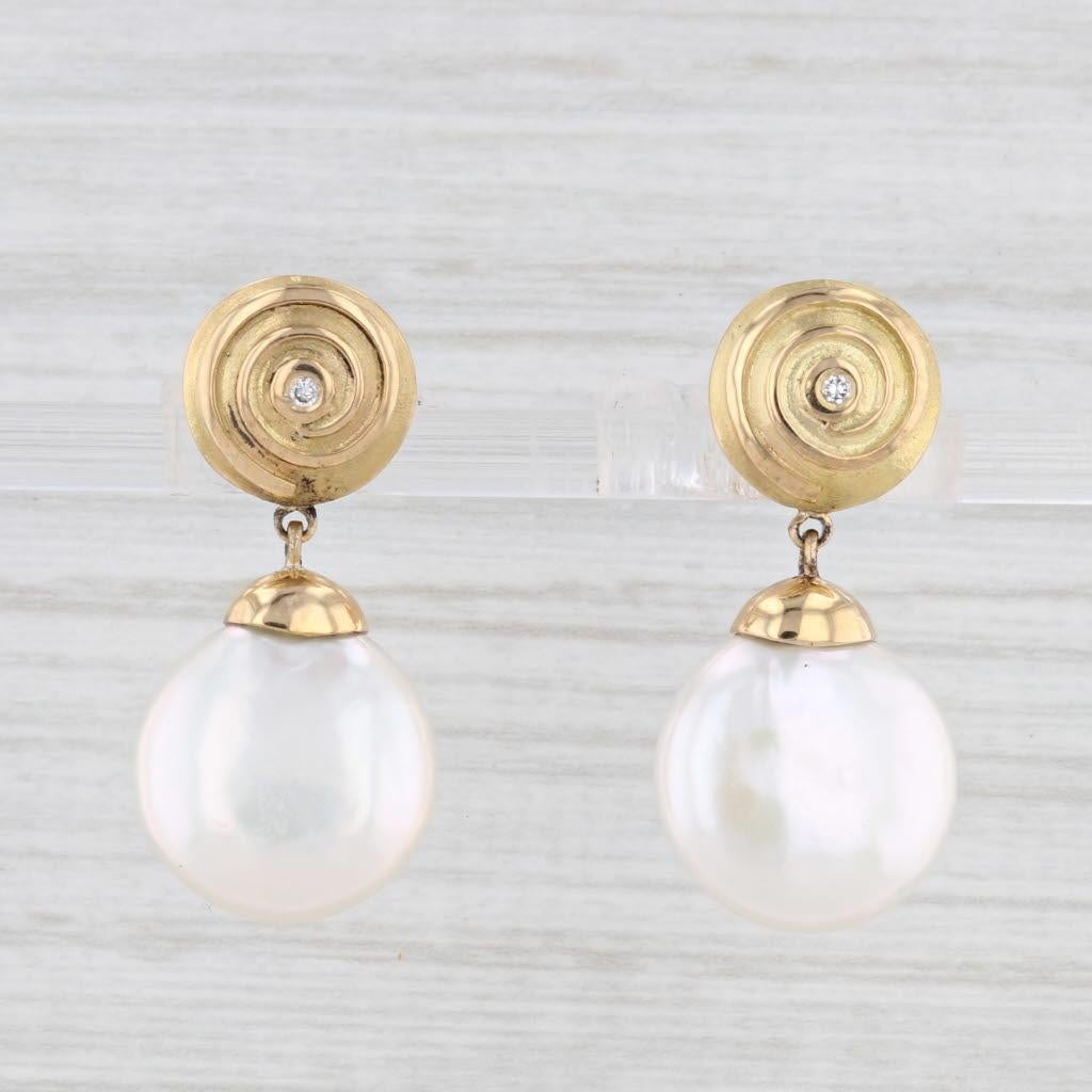Round Cut Yvel Cultured Pearl Coin Diamond Dangle Earrings 18k Yellow Gold Pierced Drops For Sale