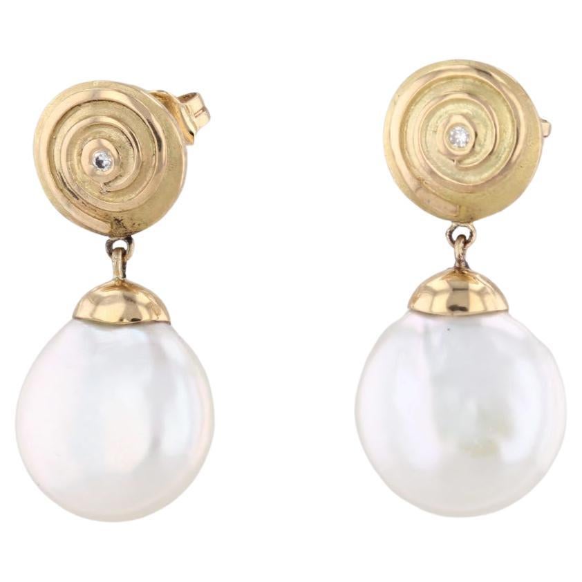 Yvel Cultured Pearl Coin Diamond Dangle Earrings 18k Yellow Gold Pierced Drops For Sale