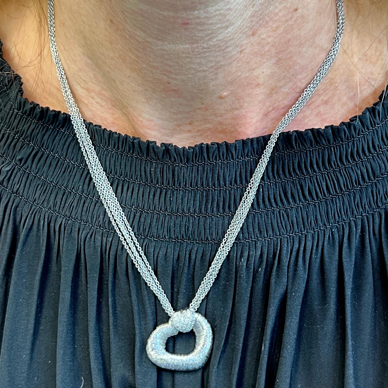 Yvel Diamond Woven 18 Karat White Gold Open Heart Pendant Necklace In Excellent Condition In Boca Raton, FL