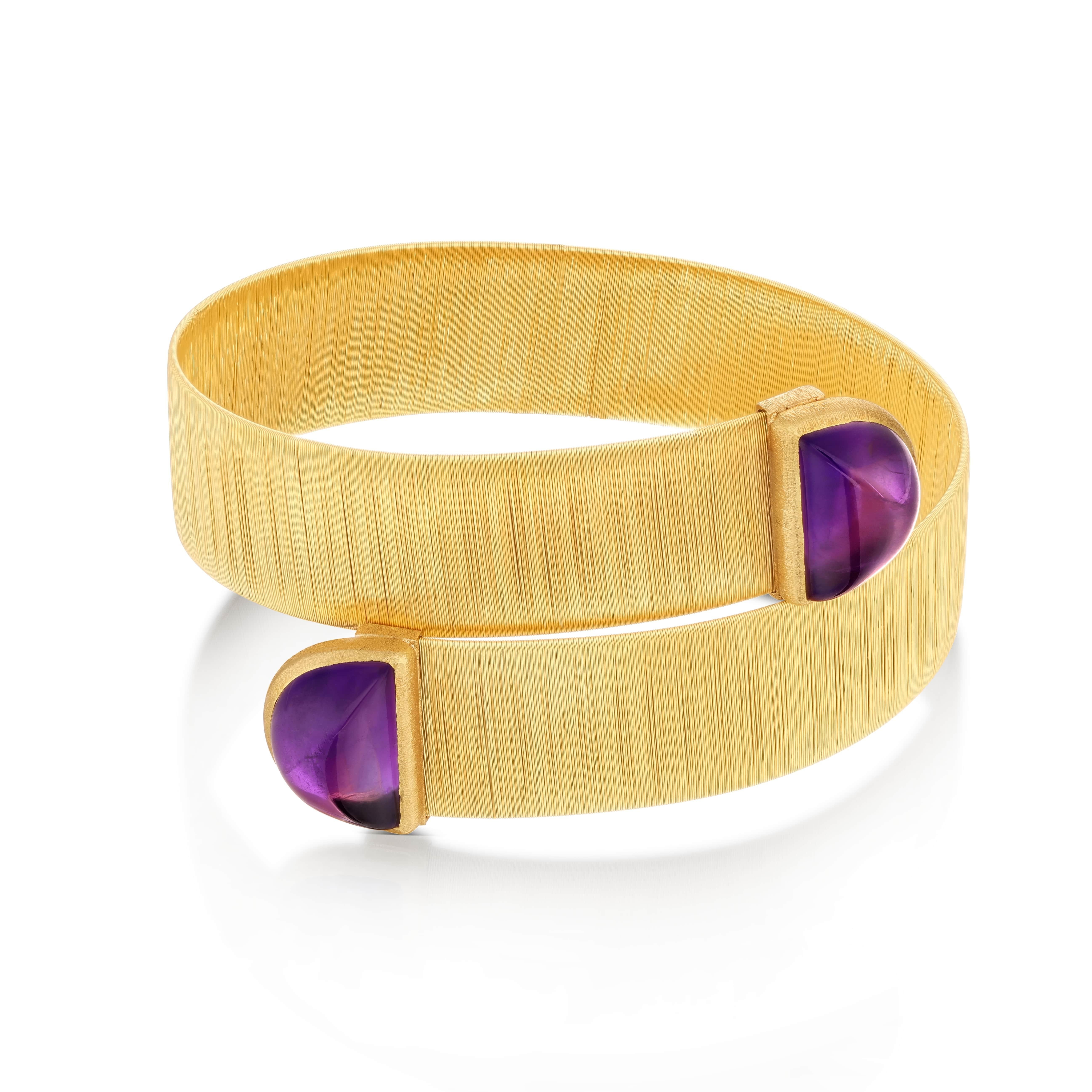 Yvel’s Ethiopia Collection brings forth the Amethyst Bracelet, blending ancient inspiration with the splendor of gemstones. This 18K yellow gold bracelet cradles a moon-shaped 13.5 ct. natural amethyst, a gem revered for its regal hue and calming
