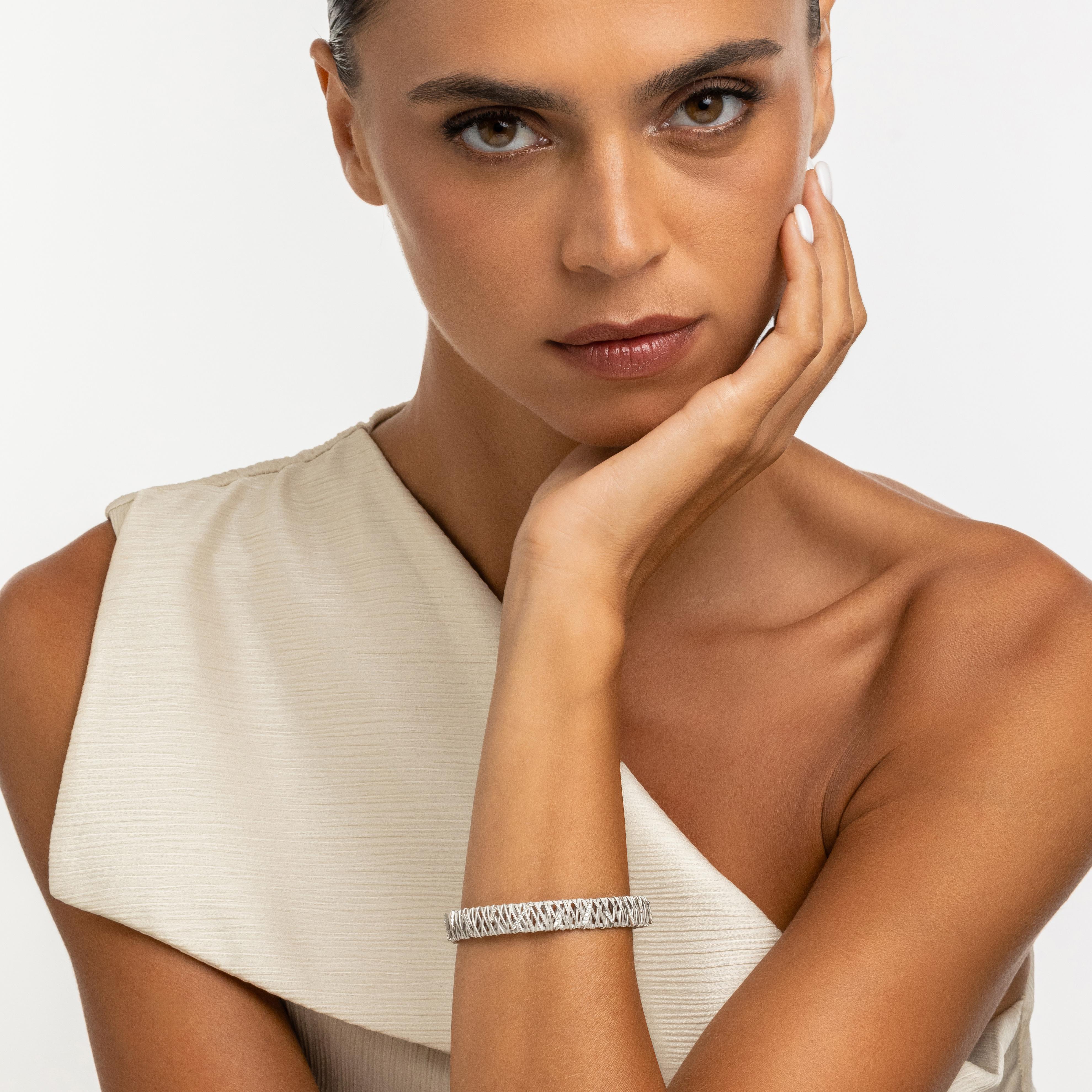 Round Cut Yvel Ethiopia Diamond Woven Bracelet in 18K White Gold For Sale