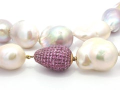 YVEL Large Baroque Pearl Necklace Solid Gold Mystery Set Pink Sapphire Clasp