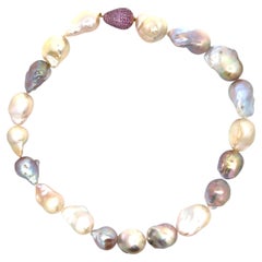 YVEL Large Baroque Pearl Necklace Solid Gold Mystery Set Pink Sapphire Clasp