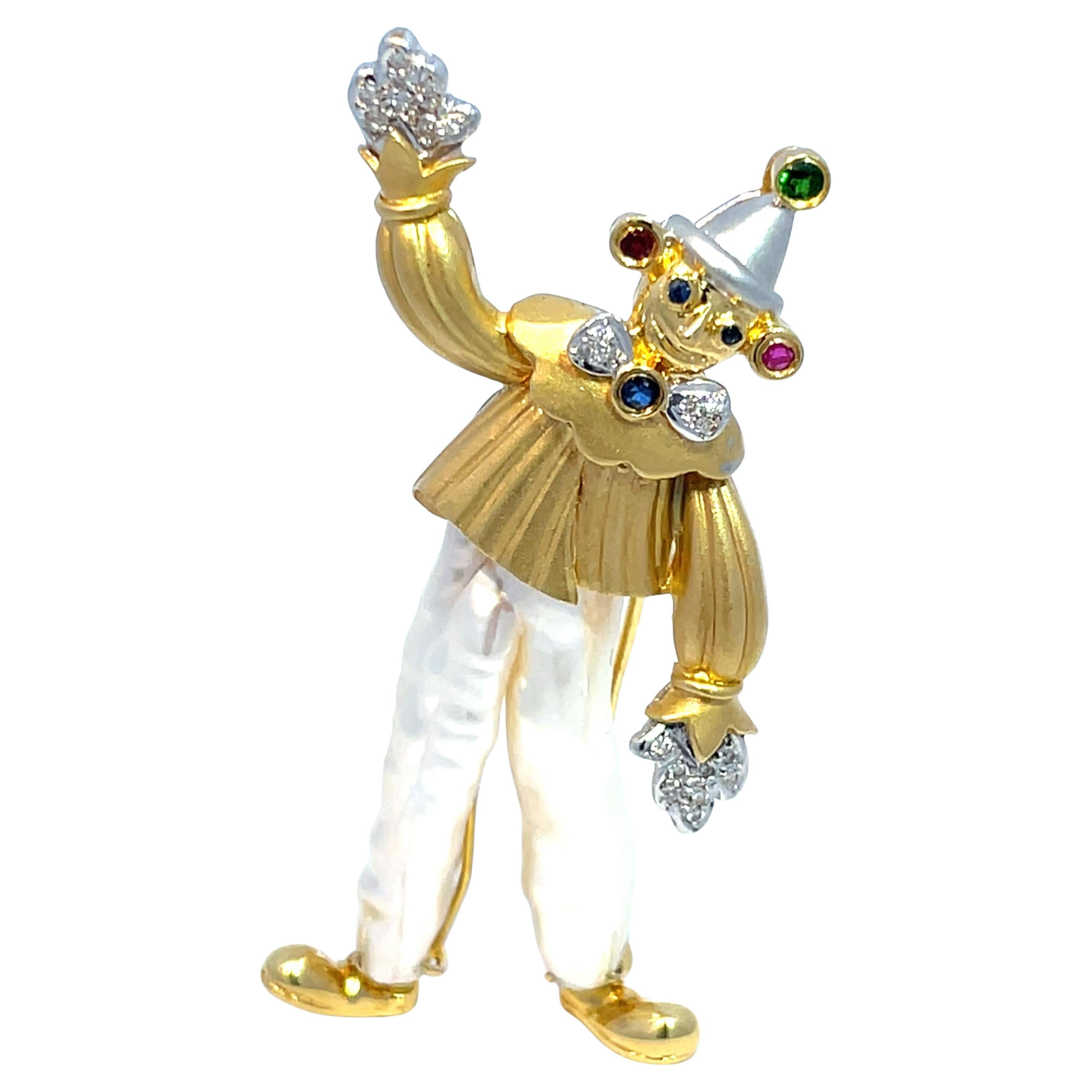 YVEL Pearl and Multi gemstone Clown Brooch in 18K Yellow Gold and White Gold