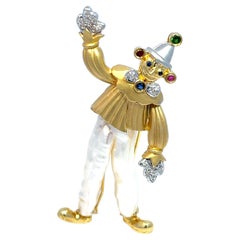 YVEL Pearl and Multi gemstone Clown Brooch in 18K Yellow Gold and White Gold