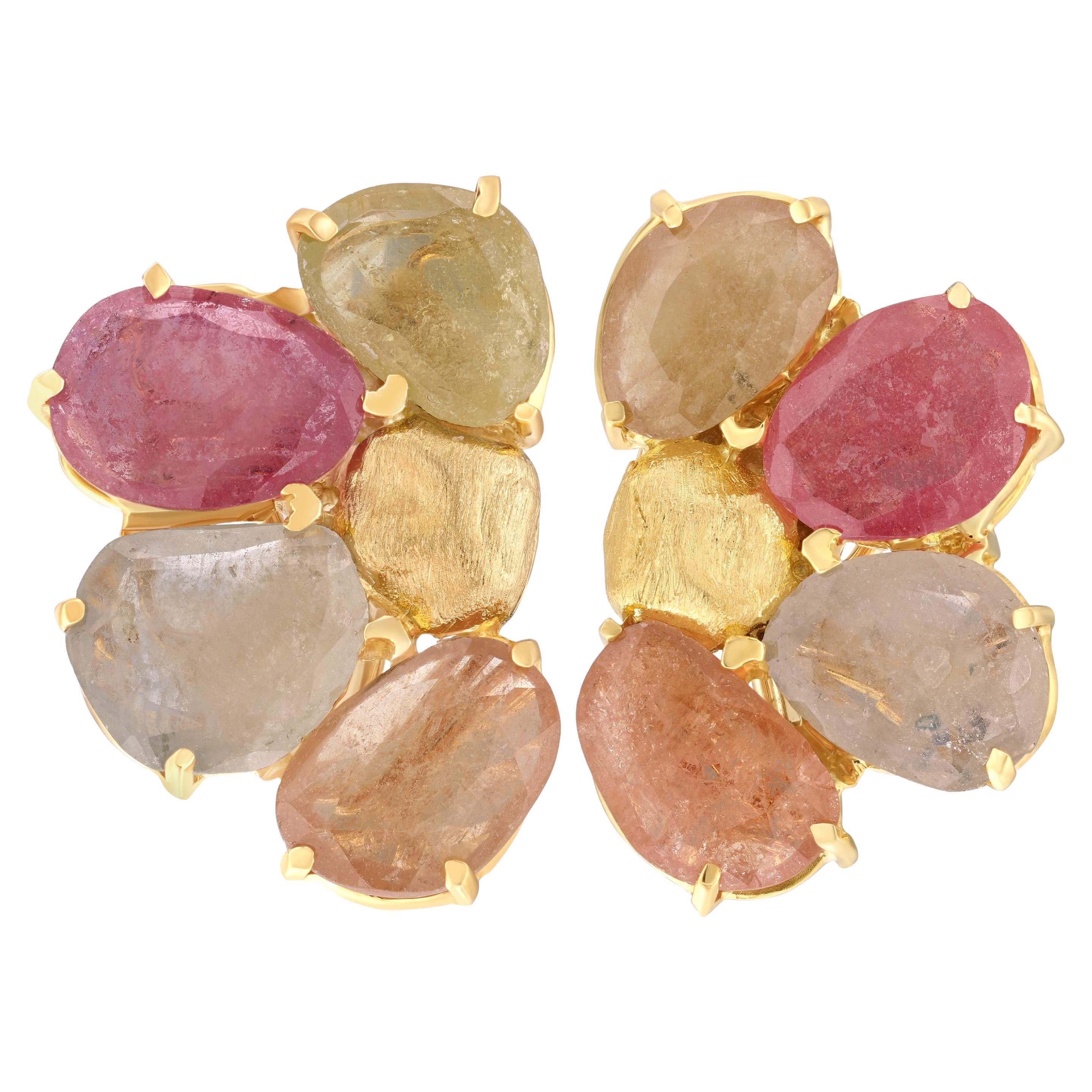 Yvel Regenbogen Multicolor Saphir Cluster-Ohrringe aus 18 Karat Gelbgold