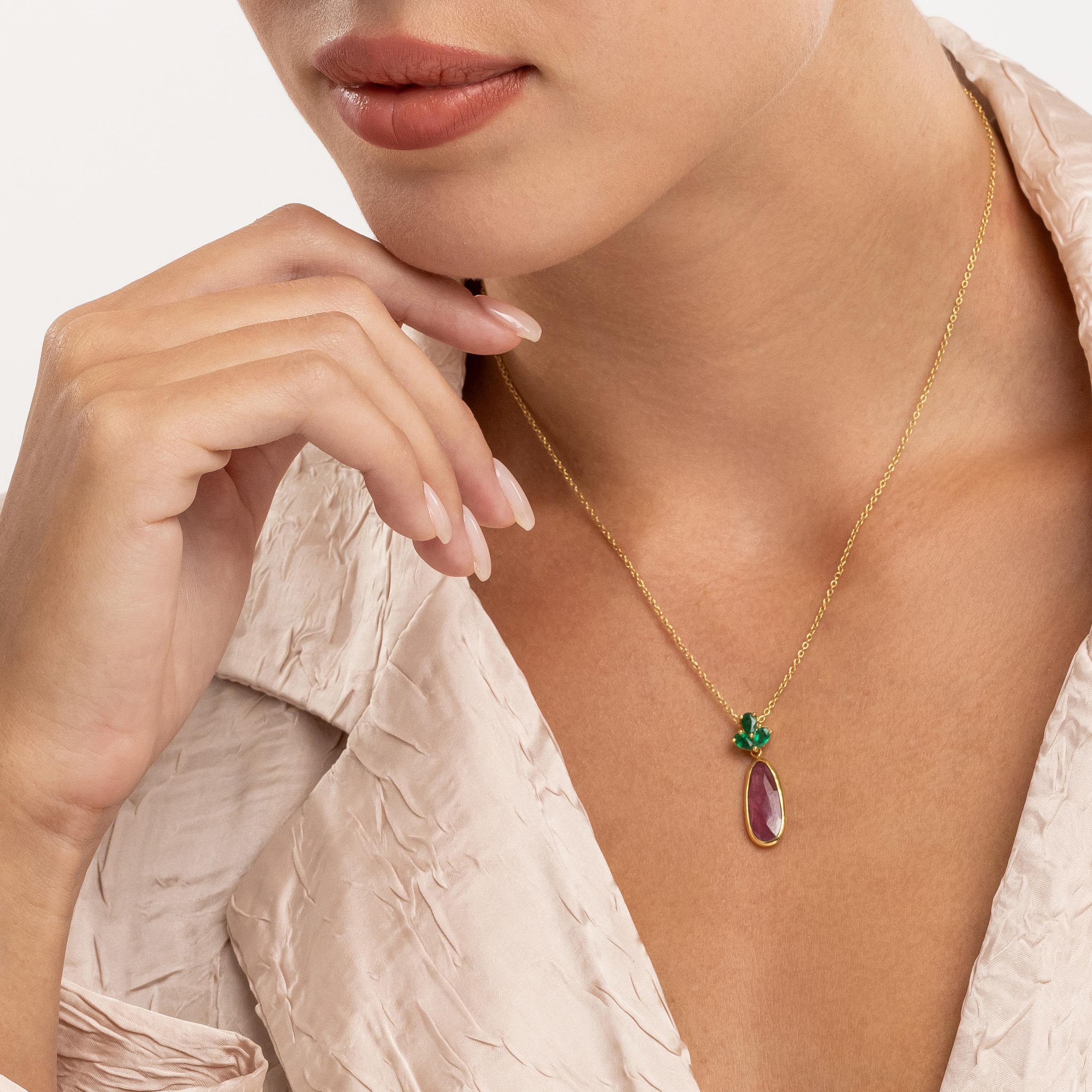Emerald Cut Yvel Rainbow Sapphire and Emerald Necklace in 18K Yellow Gold For Sale