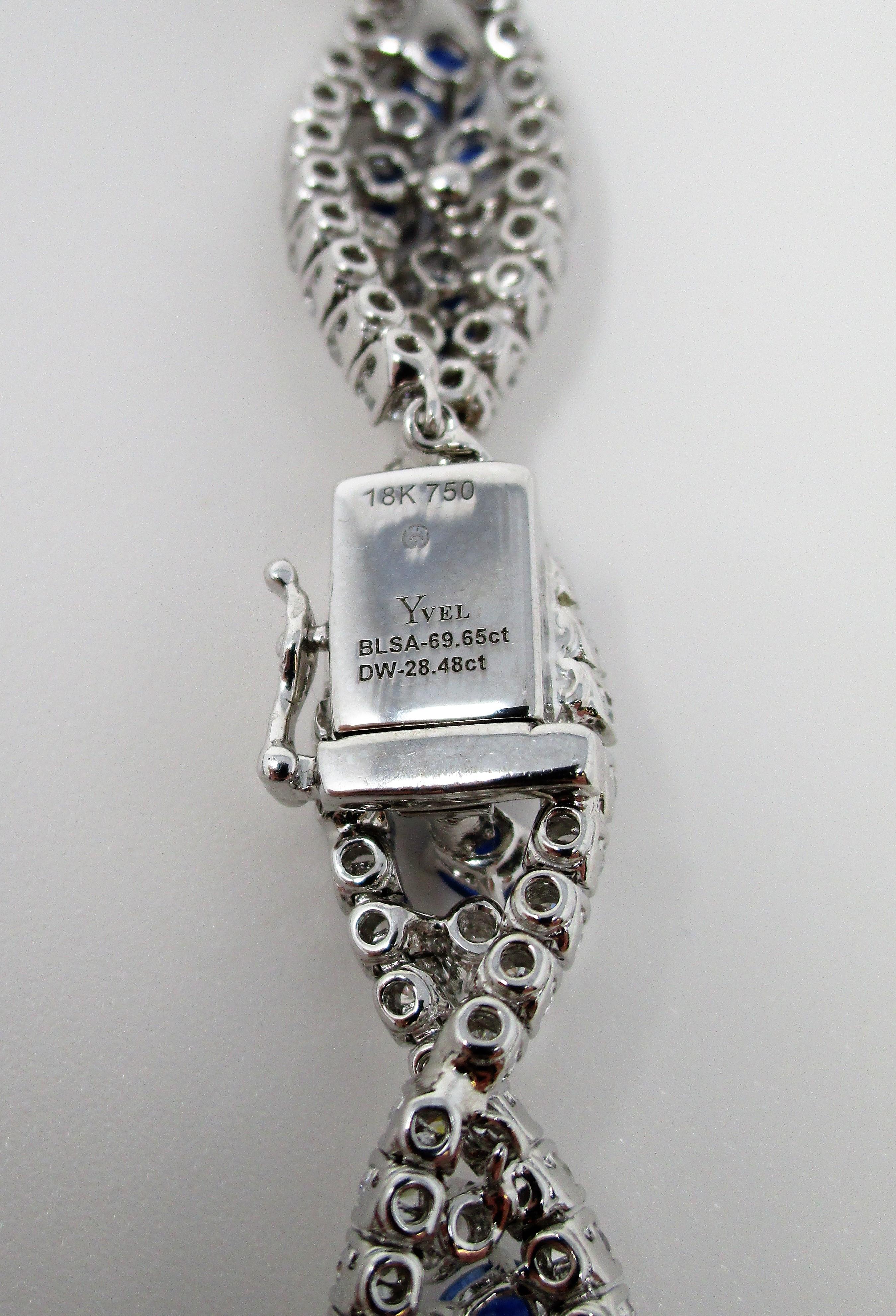 Women's or Men's Yvel White Gold 28.48 Carat Diamond 69.65 Carat Blue Sapphire Necklace For Sale