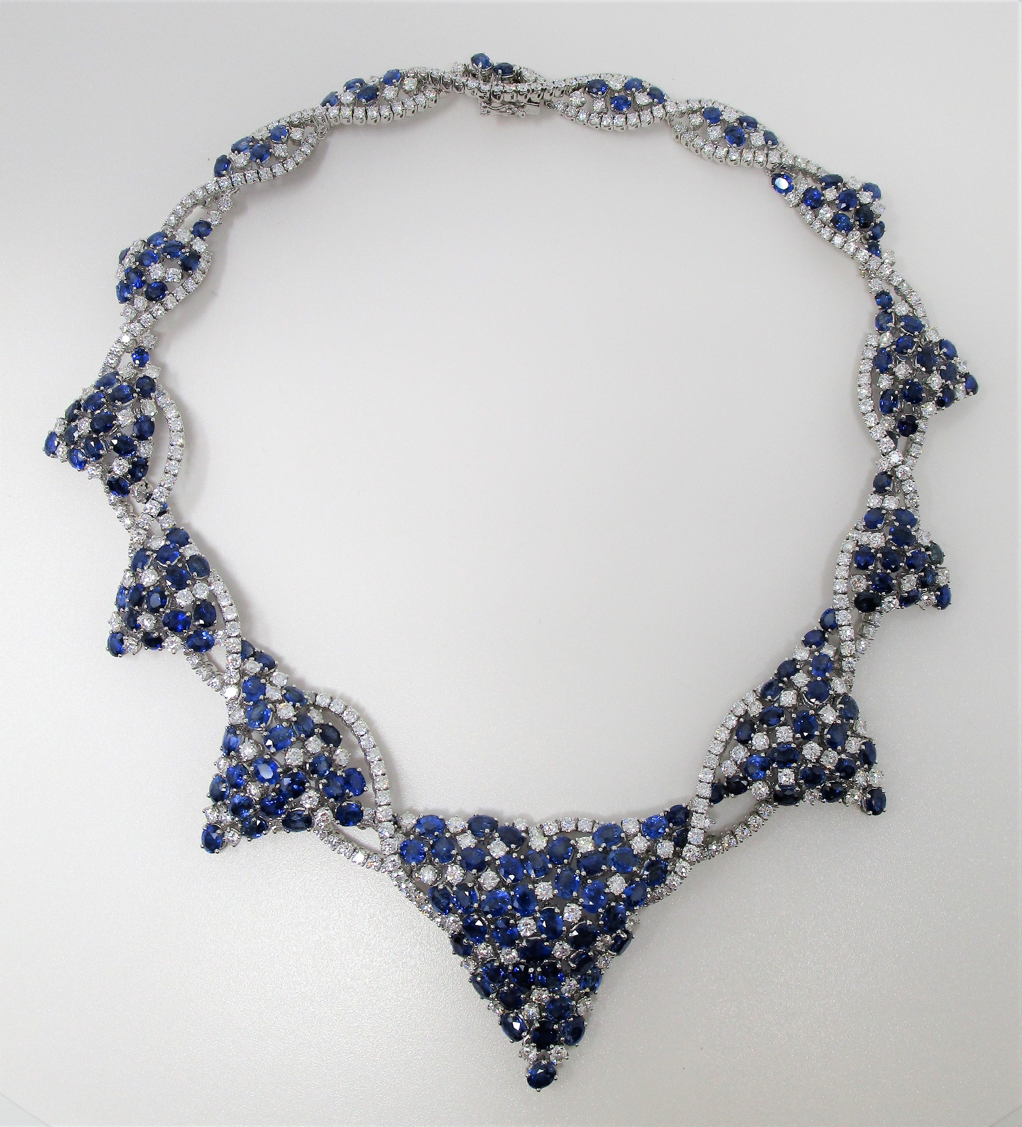 Yvel White Gold 28.48 Carat Diamond 69.65 Carat Blue Sapphire Necklace For Sale 1