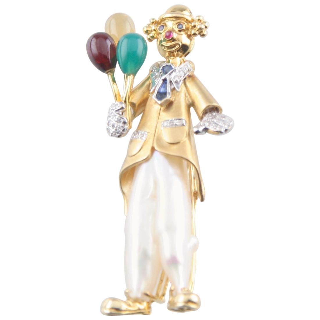 Yvel Yellow Gold Multi-Gemstone, Pearl, Diamond Clown Pin/Brooch