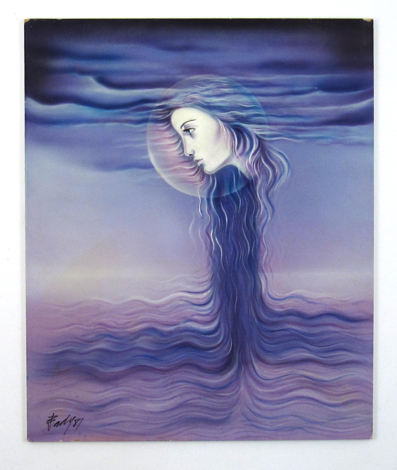 Yves Bady AL-Dahdah (Lebanesisch 1941) Lady of the Moon, 1981, Surrealistisches Gemälde im Angebot 1