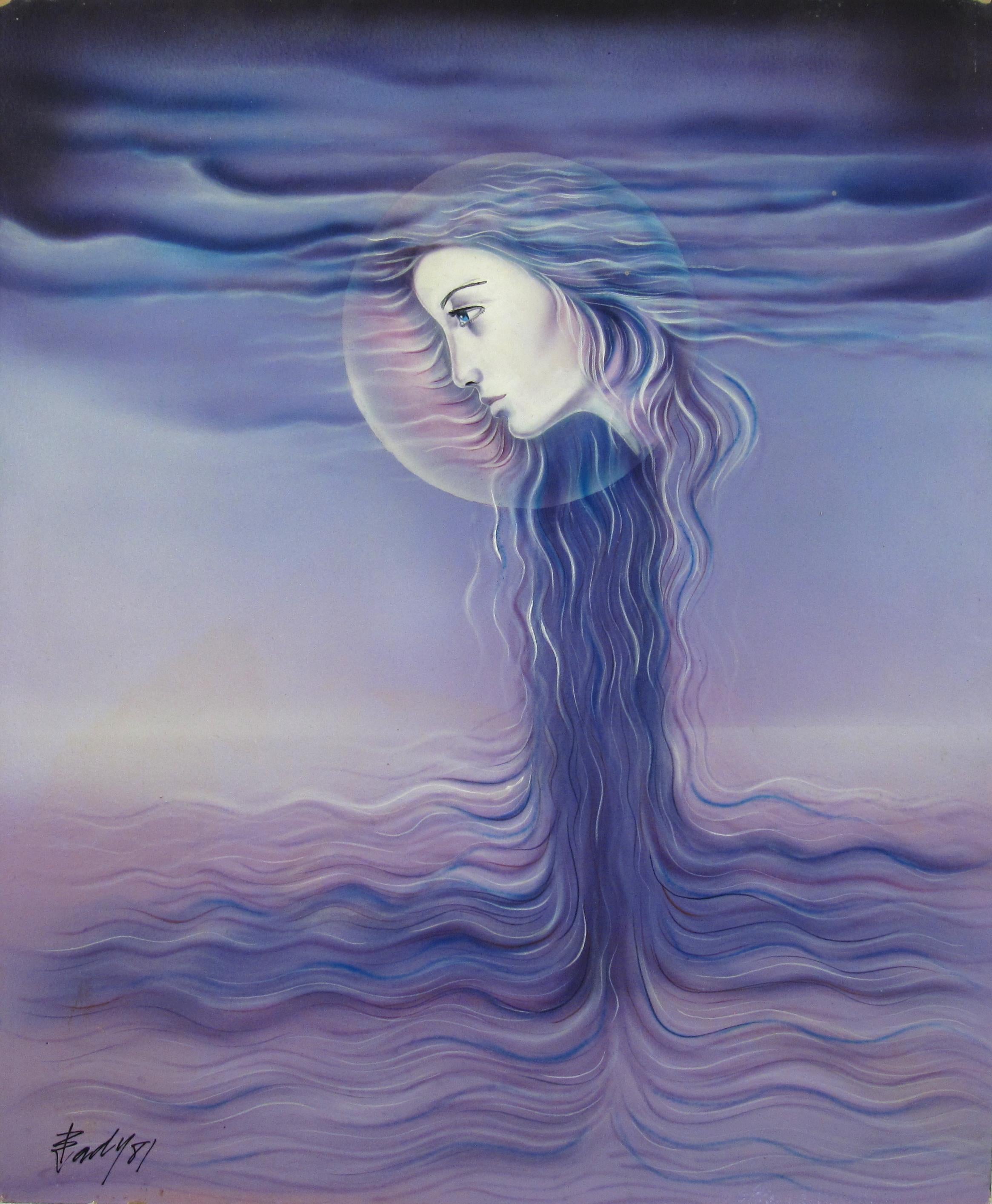 Yves Bady AL-Dahdah (Lebanese 1941) Lady of the Moon, 1981, Surrealist Painting For Sale 2