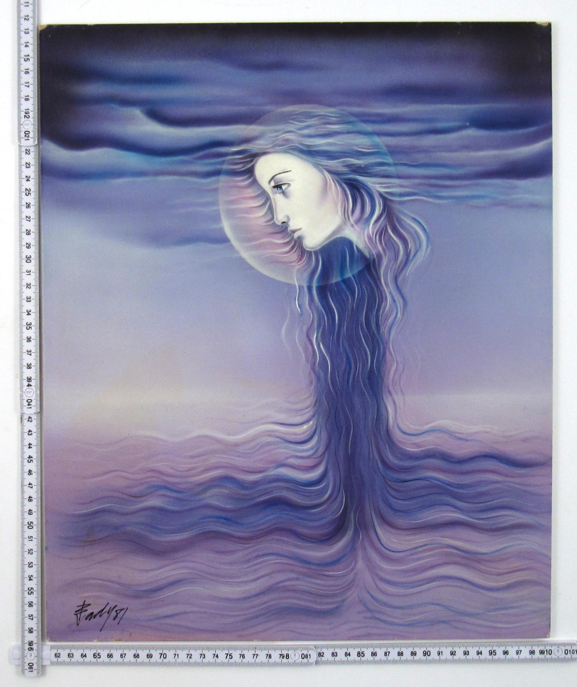 Yves Bady AL-Dahdah (Lebanese 1941) Lady of the Moon, 1981, Surrealist Painting For Sale 5