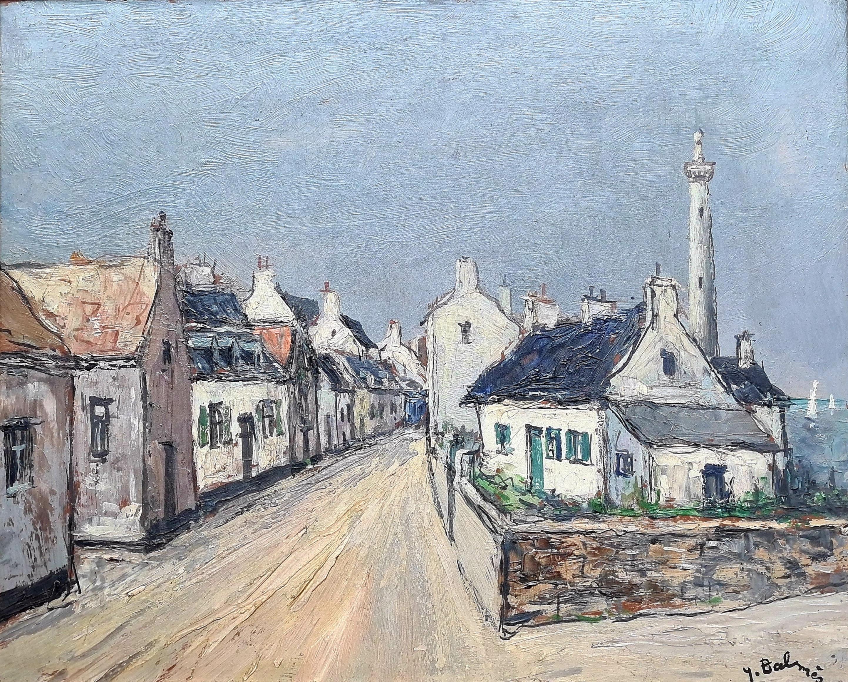 Postimpressionistische Meeresdorf-Landschaft, Das Leuchtturm. Öl auf Karton. – Painting von Yves Balmes