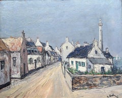 Postimpressionistische Meeresdorf-Landschaft, Das Leuchtturm. Öl auf Karton.