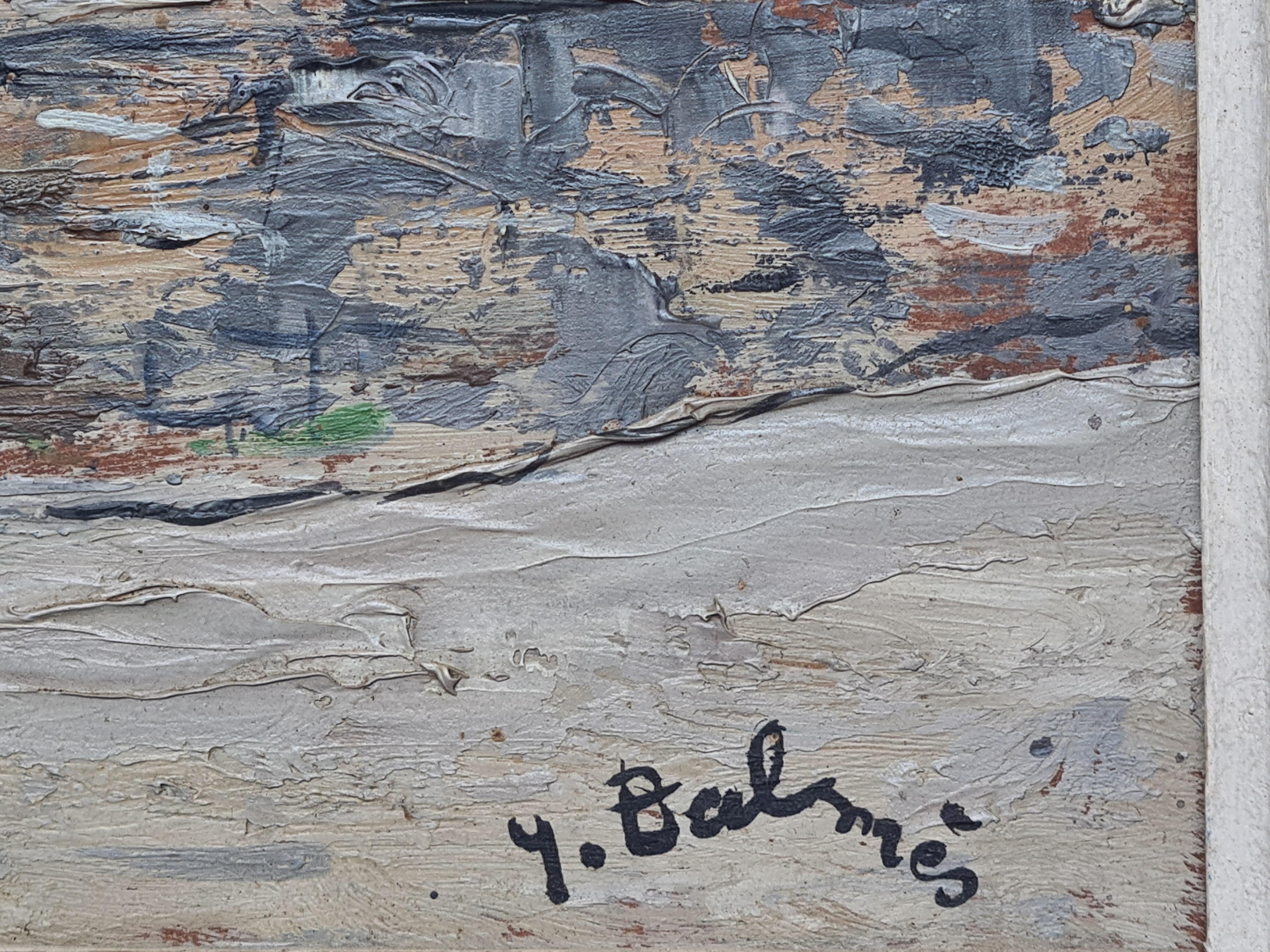 Postimpressionistische Meeresdorf-Landschaft, Das Leuchtturm. Öl auf Karton. (Grau), Landscape Painting, von Yves Balmes