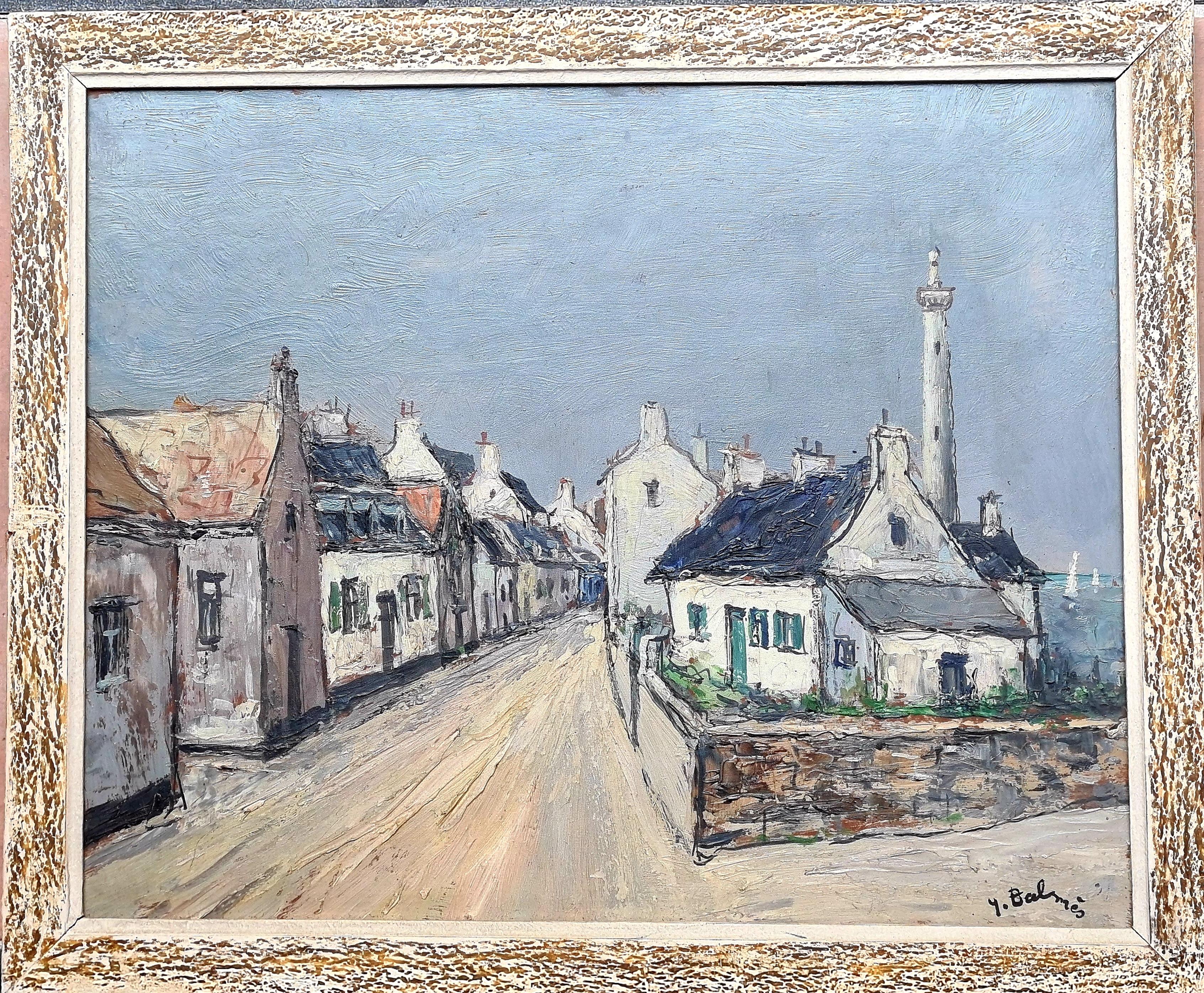 Yves Balmes Landscape Painting – Postimpressionistische Meeresdorf-Landschaft, Das Leuchtturm. Öl auf Karton.