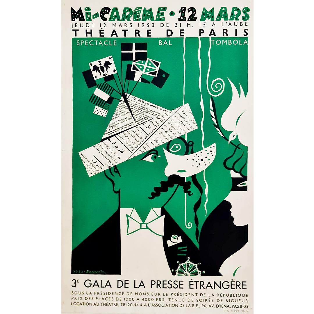 Original poster designed by Yves Bonnat in 1953 to promote the 3rd Gala of the foreign press, held at the Théâtre de Paris.

This gala was also a celebration of Mi-Carême. Mi-Carême is a traditional carnival festival of French origin. It is