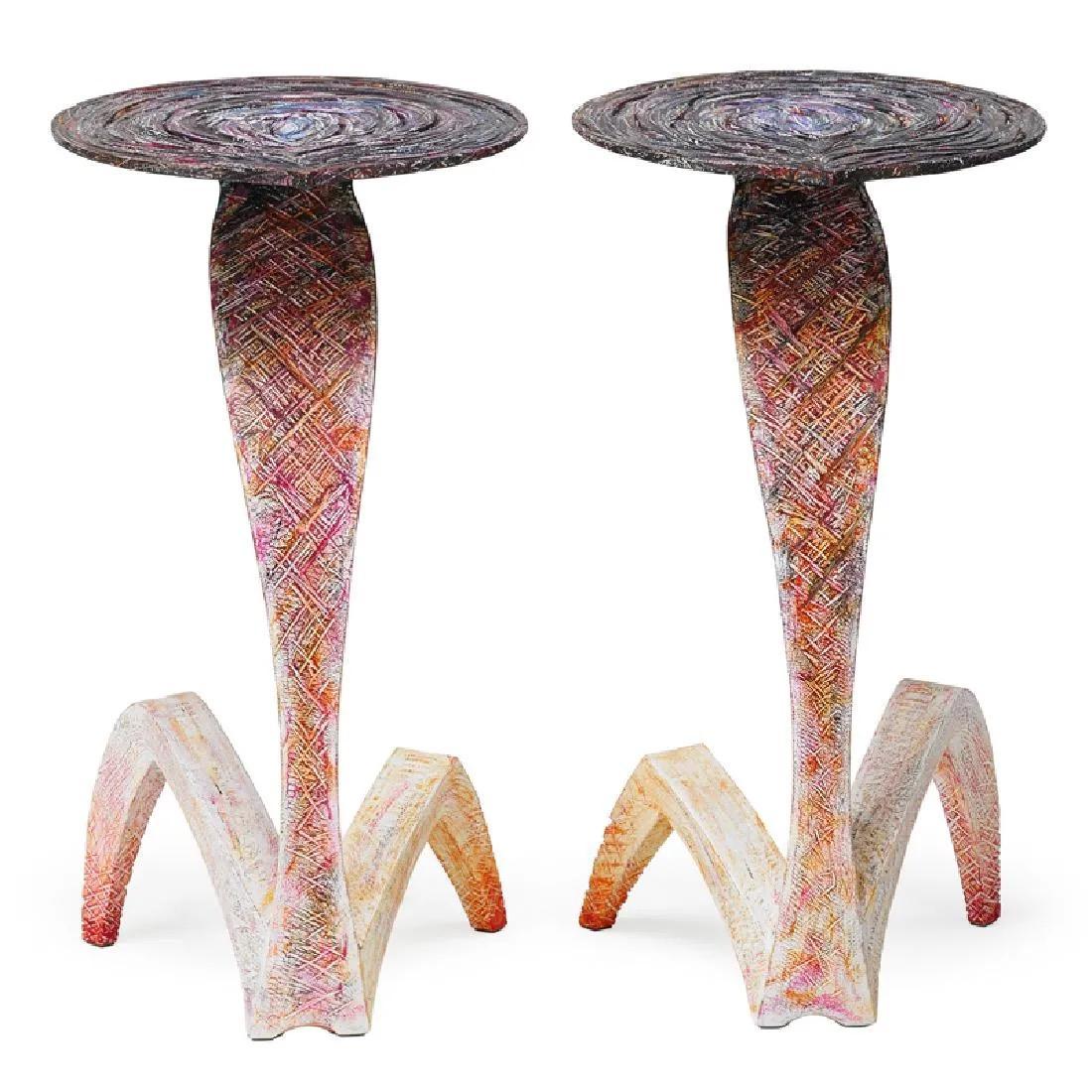 Yves Boucard Pair of Carved Wood Cobra Snake Painted Tall Modern Tables In Excellent Condition For Sale In Philadelphia, PA
