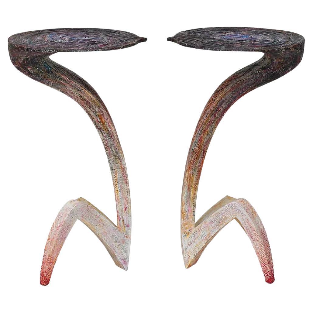 Yves Boucard Pair of Carved Wood Cobra Snake Painted Tall Modern Tables