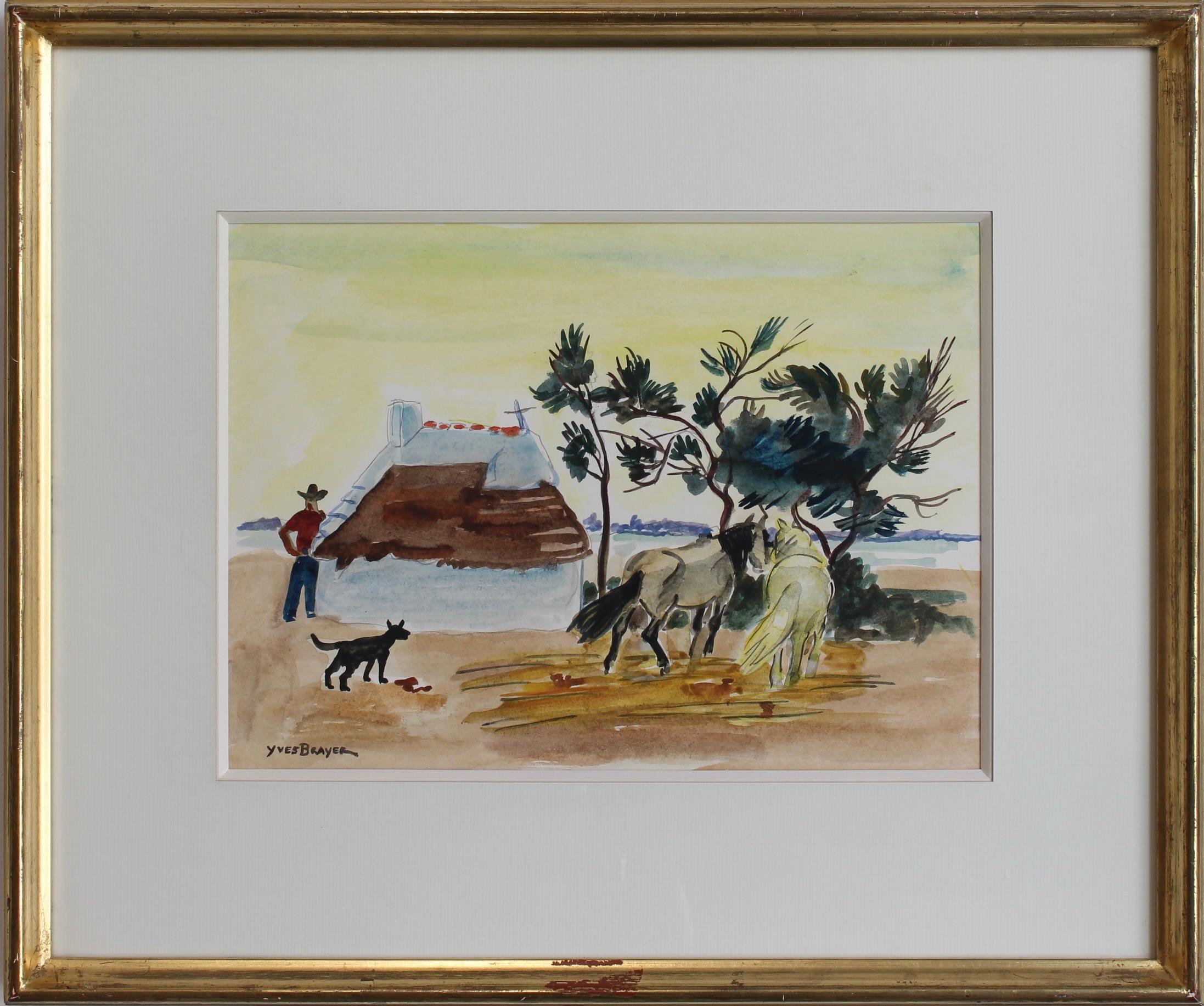 Yves Brayer Landscape Painting - Cabane de Cacharel, Modern Gouache on Paper, Signed, Circa 1950s