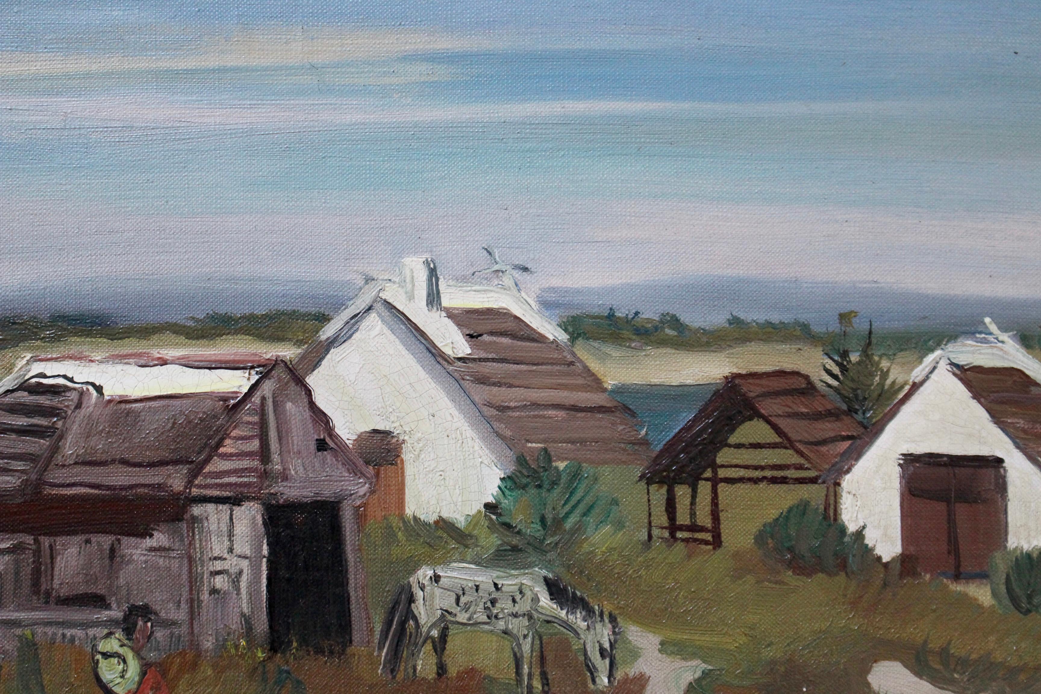 'Cabins in the Camargue' by Yves Brayer (circa 1950s). The Camargue is a vast, swampy delta near Arles, very exotic, with tall marsh grasses where pink flamingos, black bulls and white horses roam freely. This image depicts one of the gardians in a