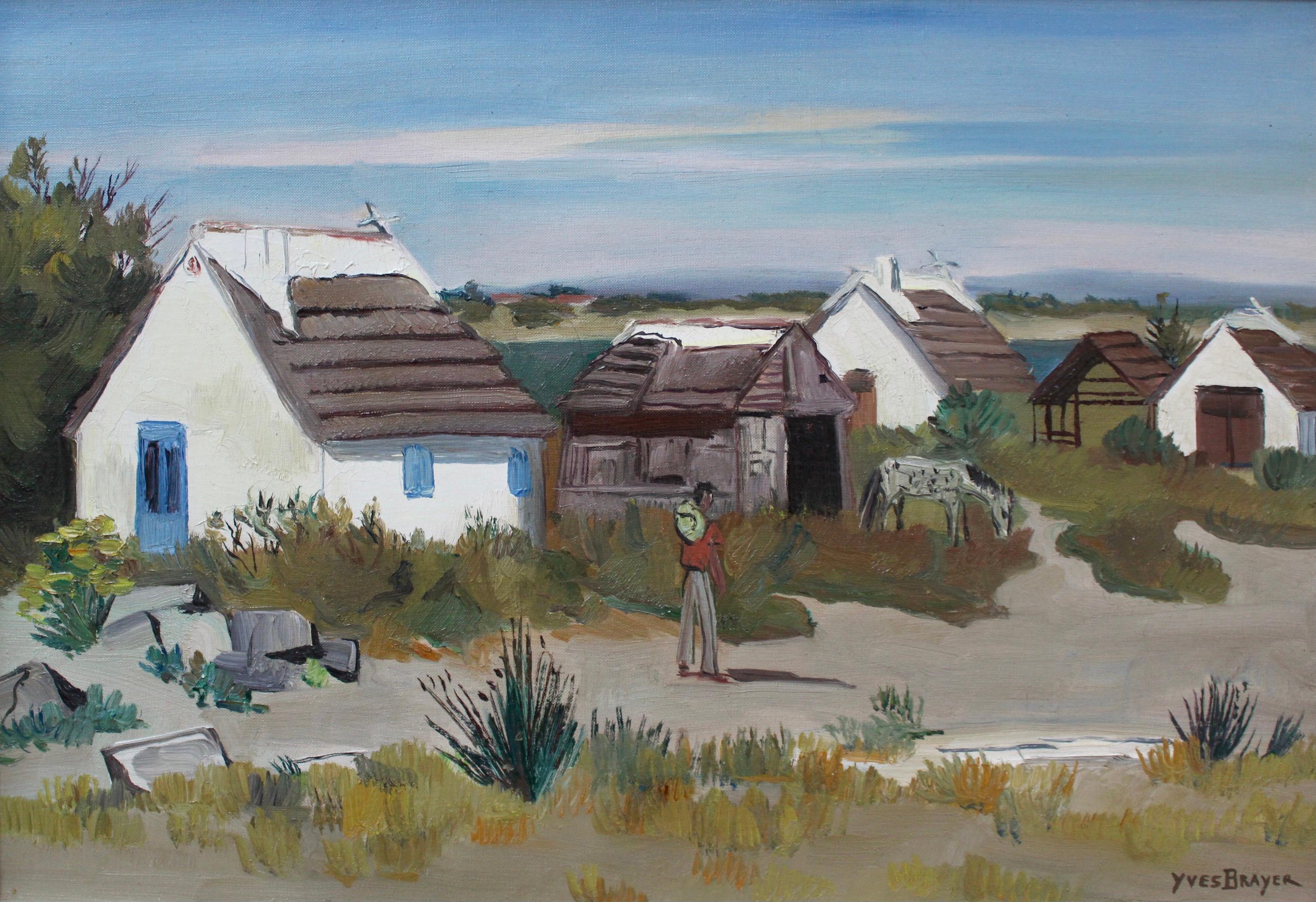 Yves Brayer Landscape Painting - Cabins in the Camargue