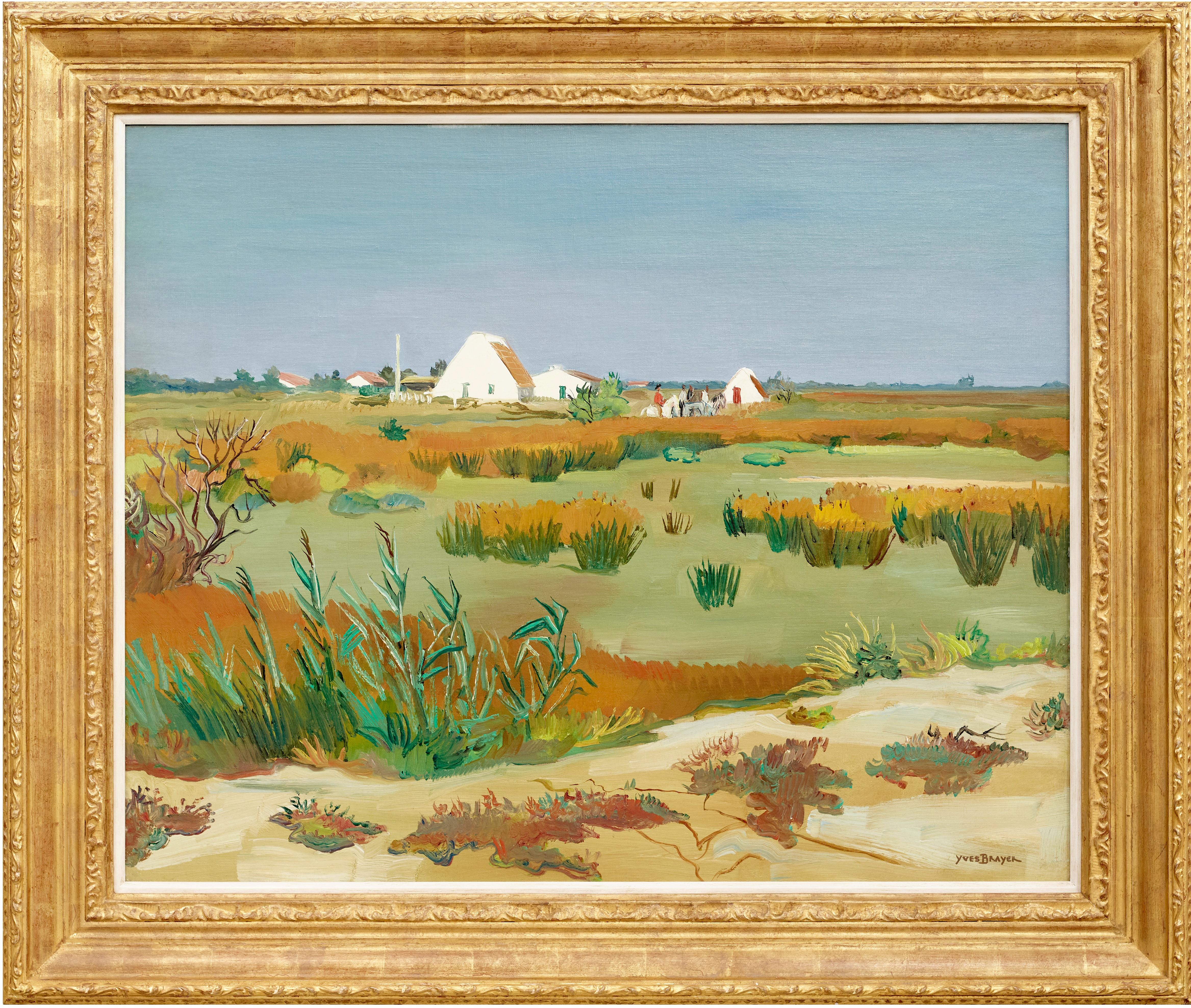 Champs Verts Green & Yellow Landscape Painting for France, Fields, Horse & Rider im Angebot 1