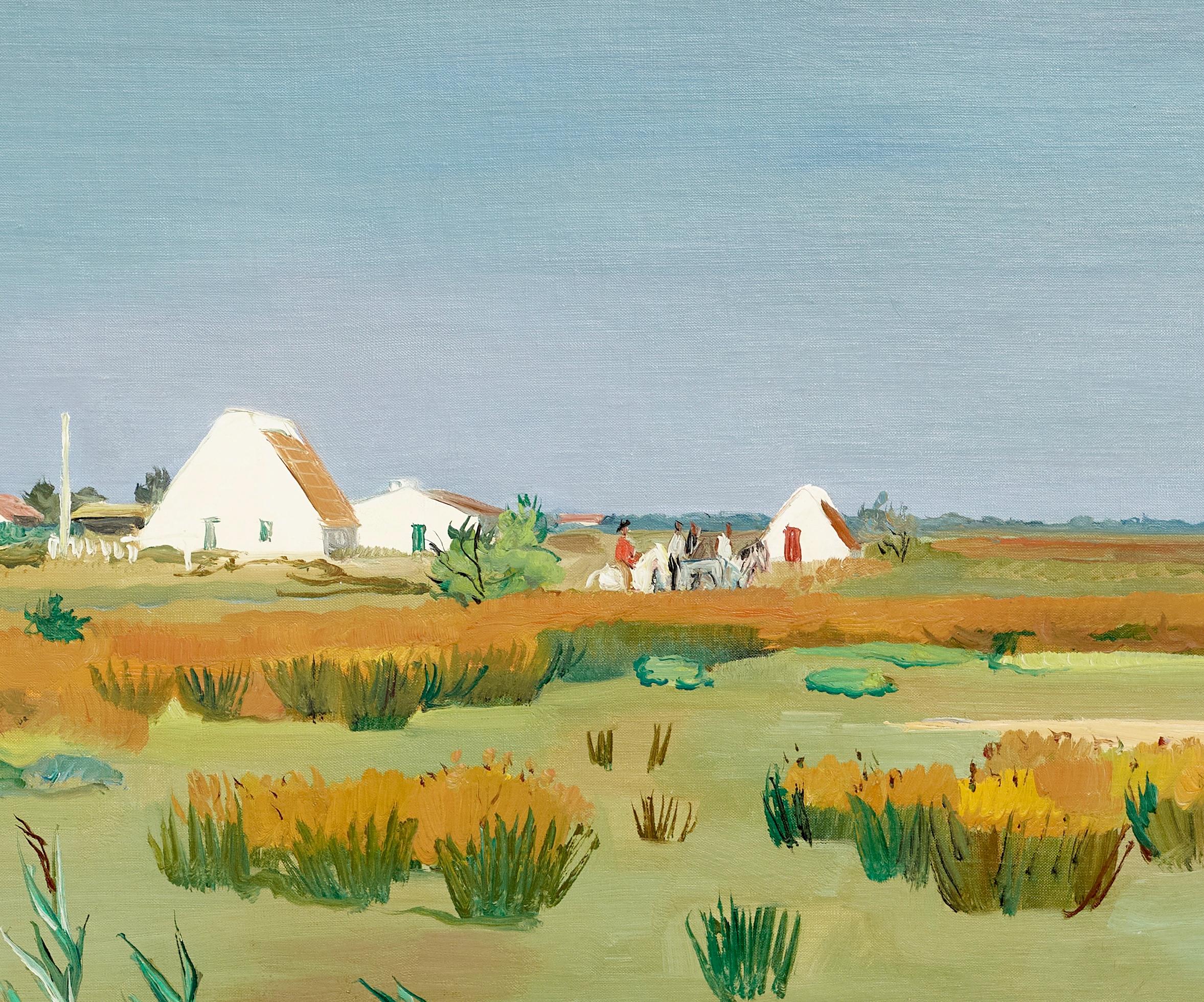 Champs Verts Green & Yellow Landscape Painting for France, Fields, Horse & Rider im Angebot 3