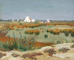 Champs Verts Green & Yellow Landscape Painting for France, Fields, Horse & Rider