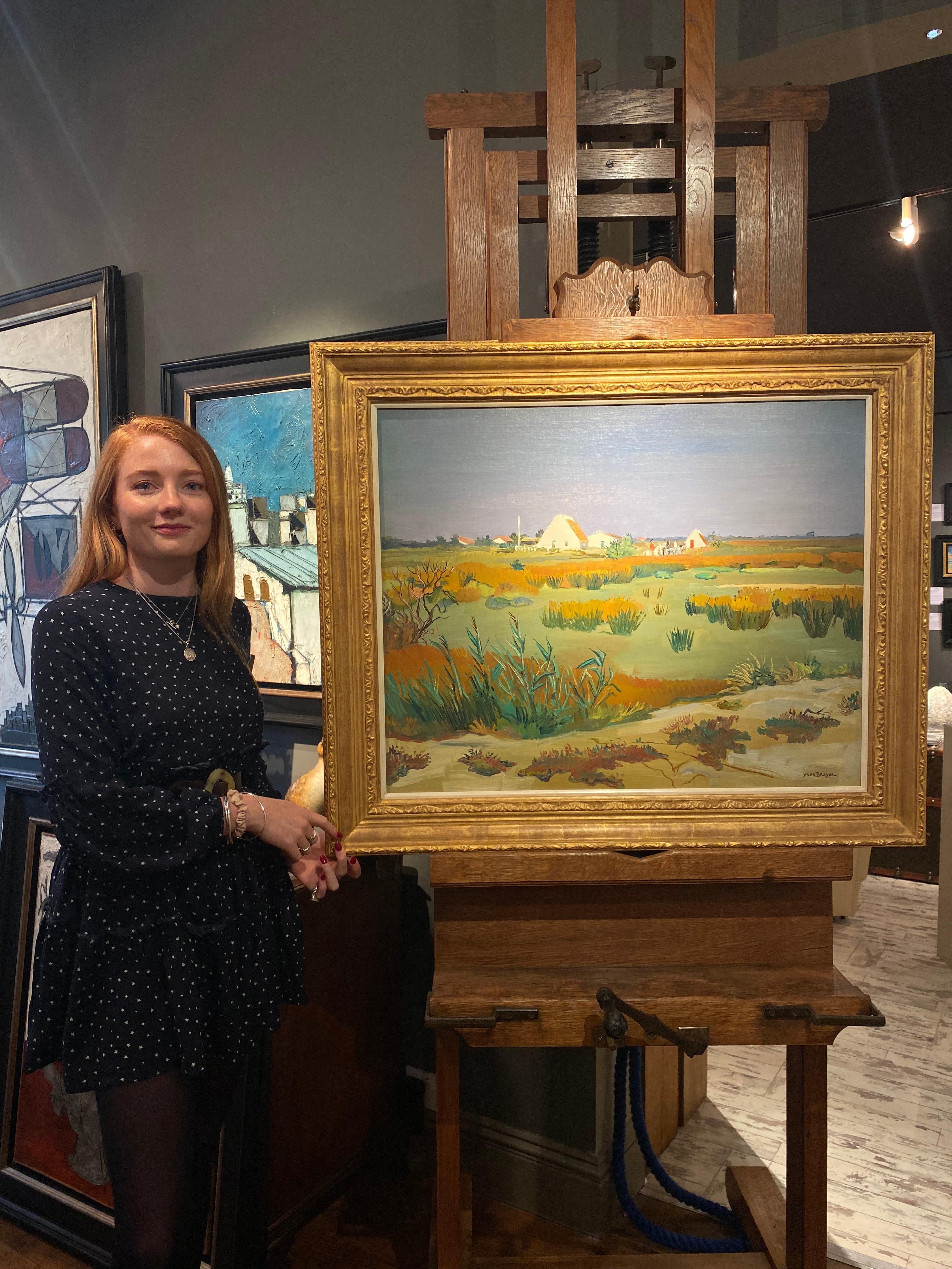 French Impressionist Landscape Painting with Horses 'Champs Vert', green, yellow For Sale 1